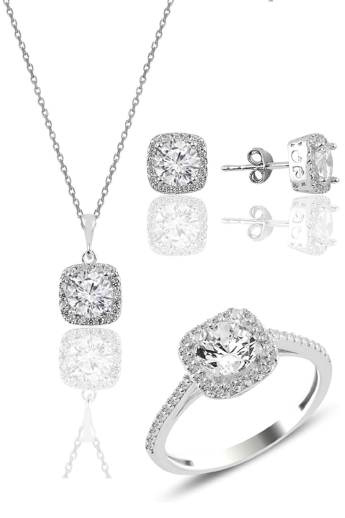 Söğütlü Silver Gümüş Rodyumlu Zirkon Taşlı Kare Üçlü Set Sgtl10762