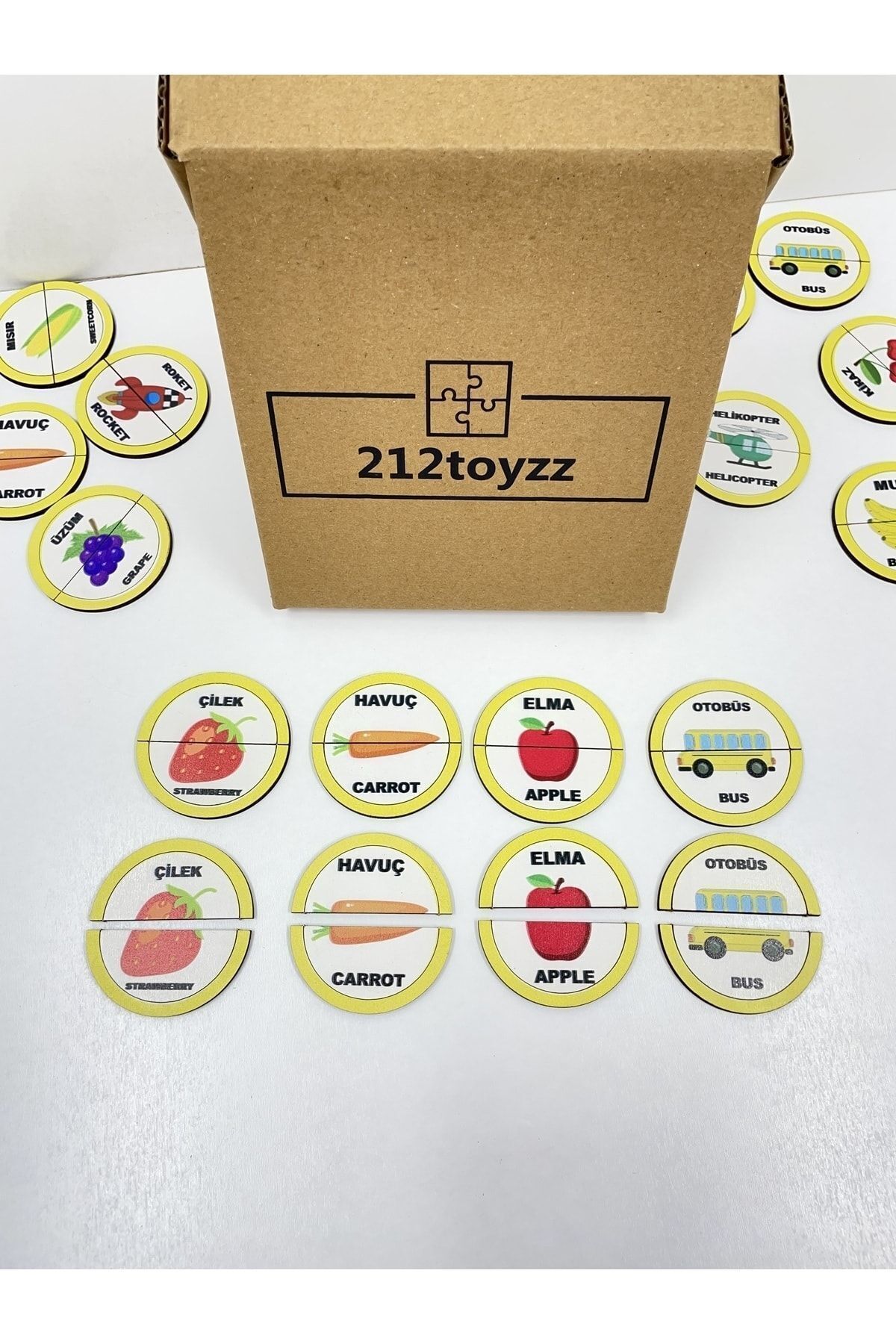 212toyzz Ahşap Iki Parçalı Eşleştirme Oyunu Türkçe ingilizce hayvan Meyve Taşıt eğitici öğretici montessori fotoğrafı 6 (önizleme)