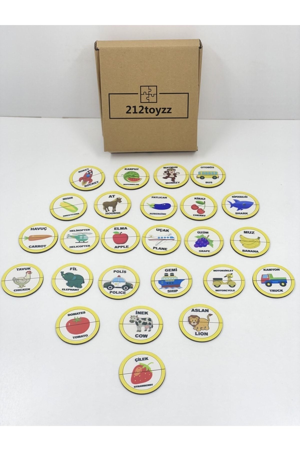 212toyzz Ahşap Iki Parçalı Eşleştirme Oyunu Türkçe ingilizce hayvan Meyve Taşıt eğitici öğretici montessori fotoğrafı 4 (önizleme)