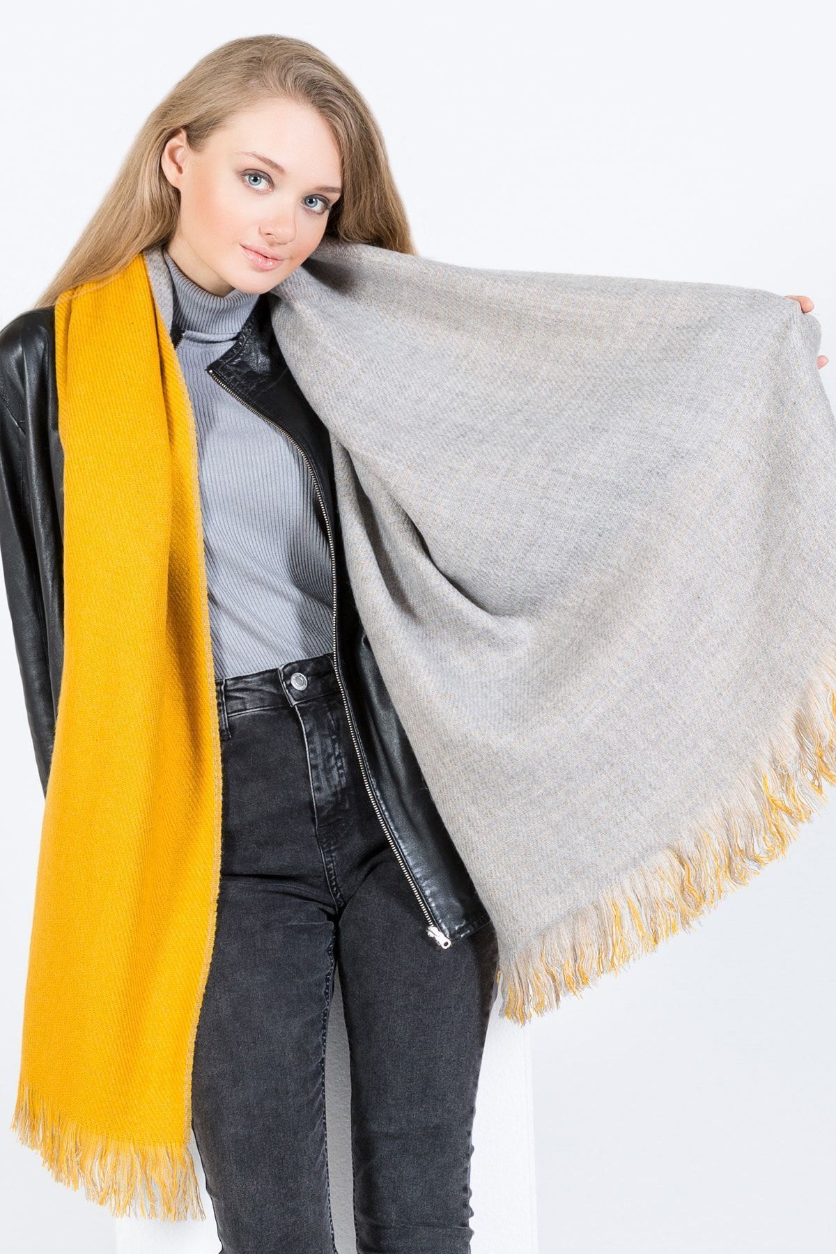 POSUSS-Double Sided Acrylic Women's Shawl Cm- Yellow/grey - Ps2102 5