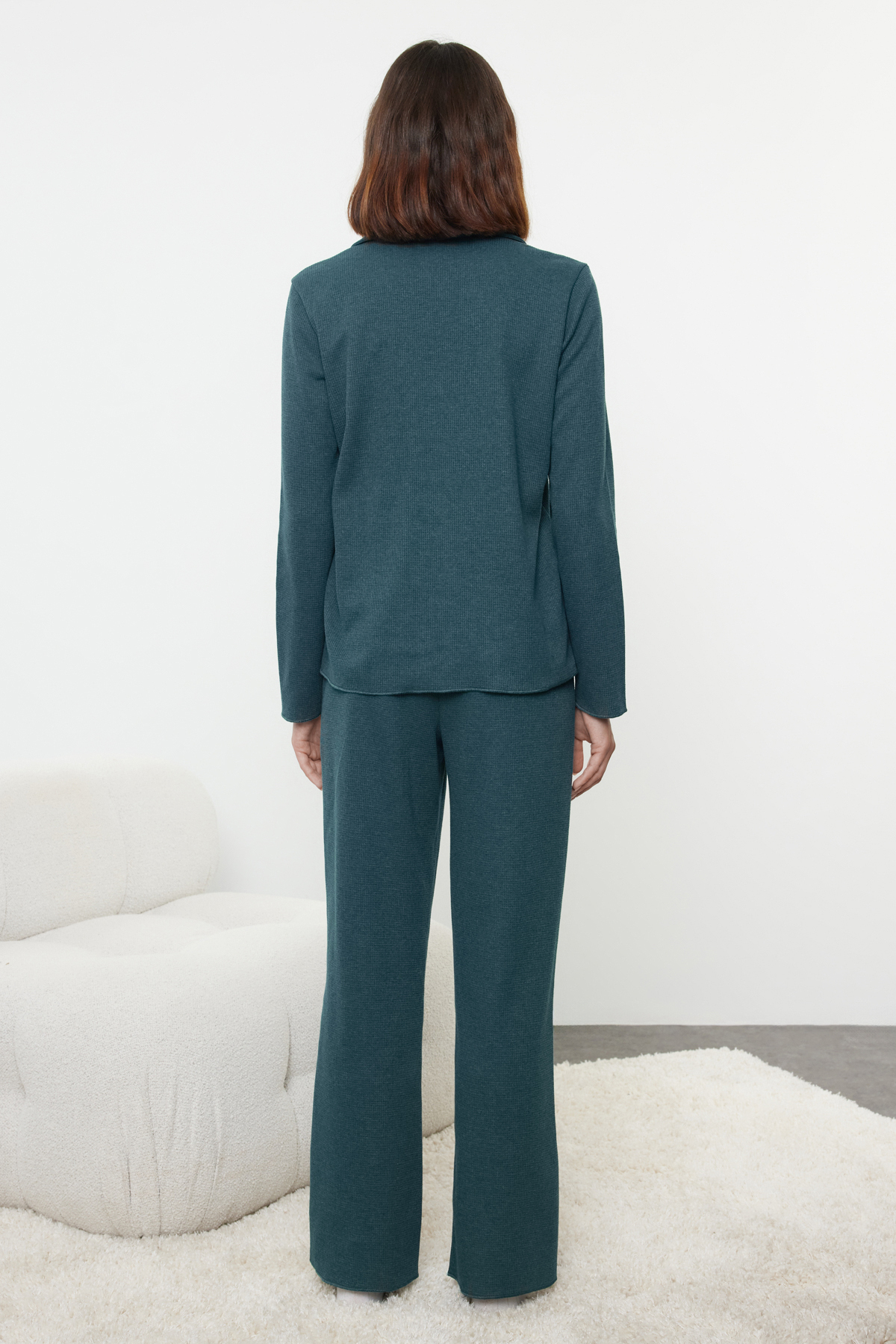 Trendyolmilla  Petrol Kurdele/Fiyonklu Waffle Kumaş Örme Pijama Takımı THMAW25PT00195 - Görsel 5