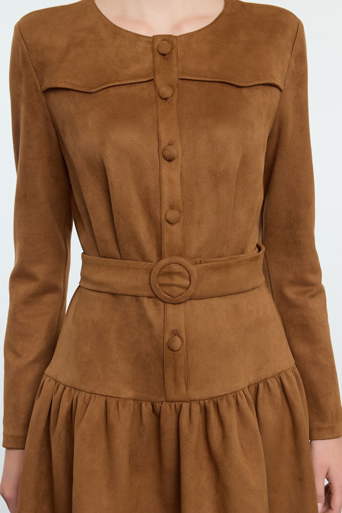Trendyol Collection-Suede Mini Pleat Dress - Tan, Skater Style, Cu Fuste - TWOAW25EL00252 4
