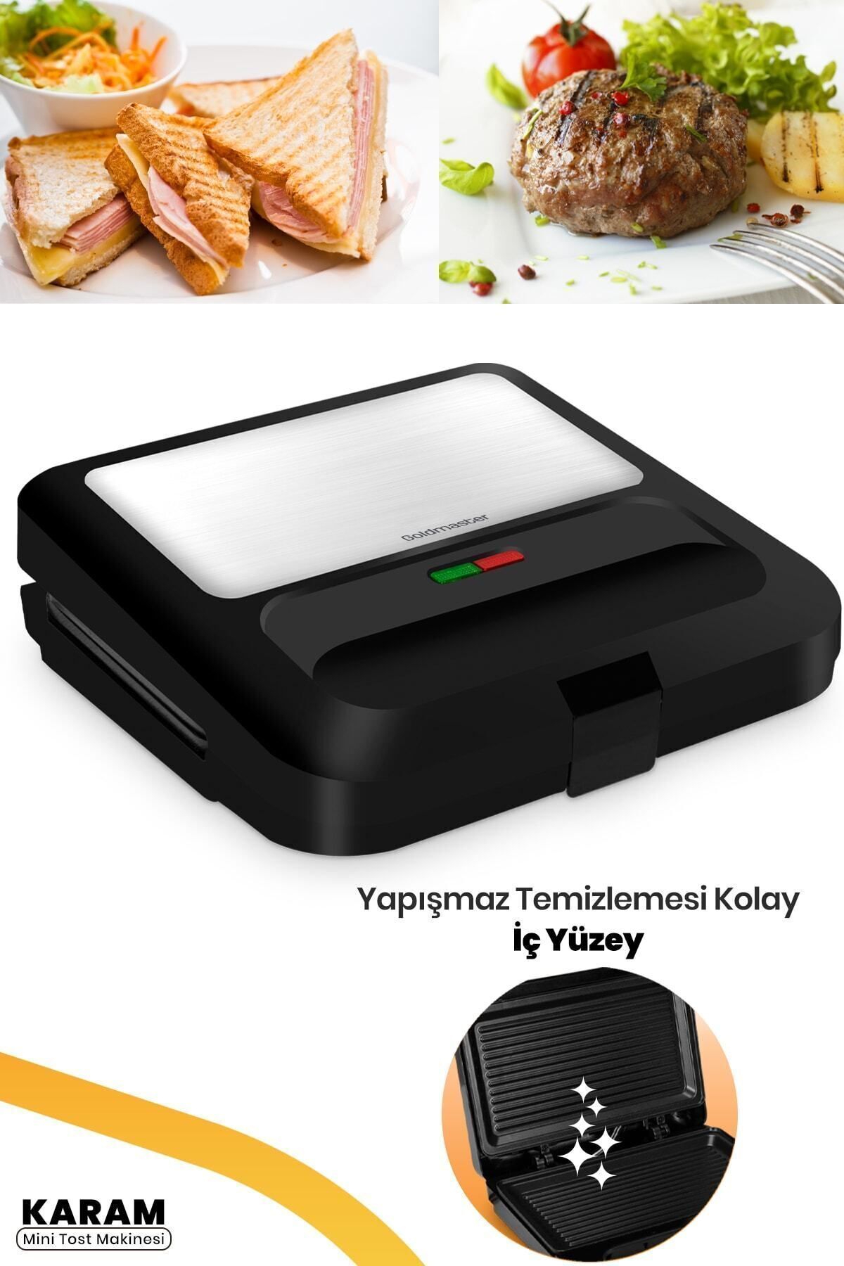 GOLDMASTER Karam 750 W Isınmaya Dayanıklı Tost Ve Izgara Makinesi Inox Siyah