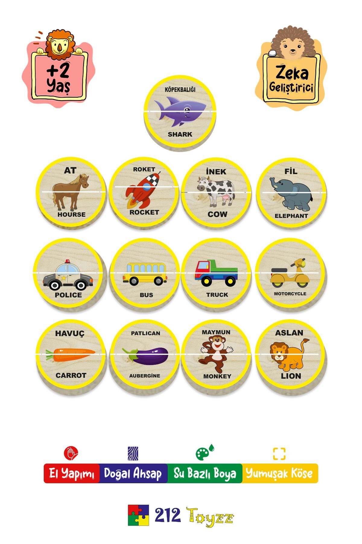 212toyzz Ahşap Iki Parçalı Eşleştirme Oyunu Türkçe ingilizce hayvan Meyve Taşıt eğitici öğretici montessori fotoğrafı 3 (önizleme)