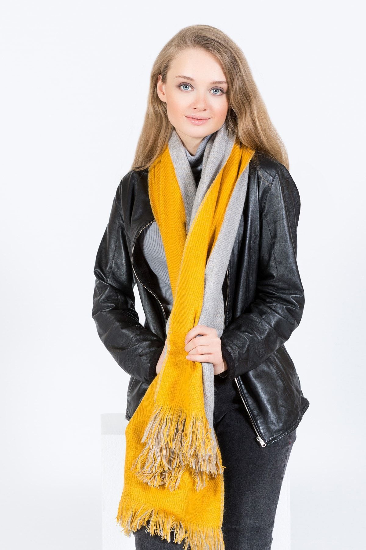 POSUSS-Double Sided Acrylic Women's Shawl Cm- Yellow/grey - Ps2102 3