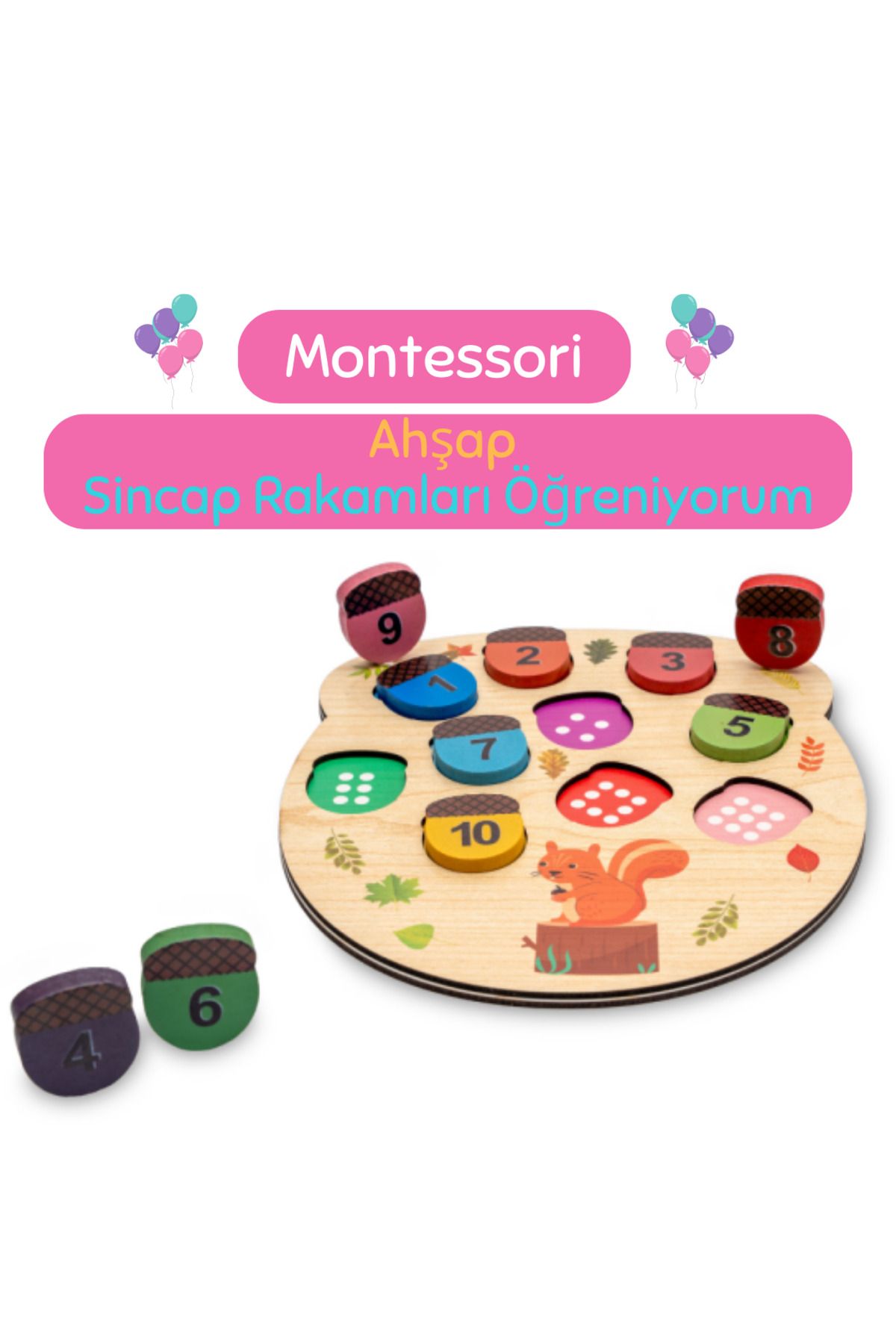 Eğitici Ahşap Sincap Rakamları Öğreniyorum Oyunu - Çocuklar İçin Montessori Gelişim Oyuncağı