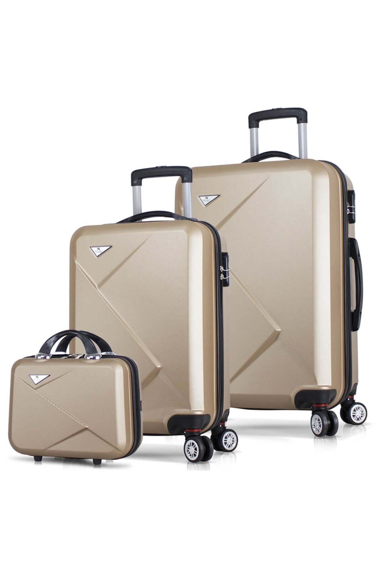 My Valice Diamond Abs Kabin Orta Ve Makyaj Boy Gold 3'lü Valiz Seti