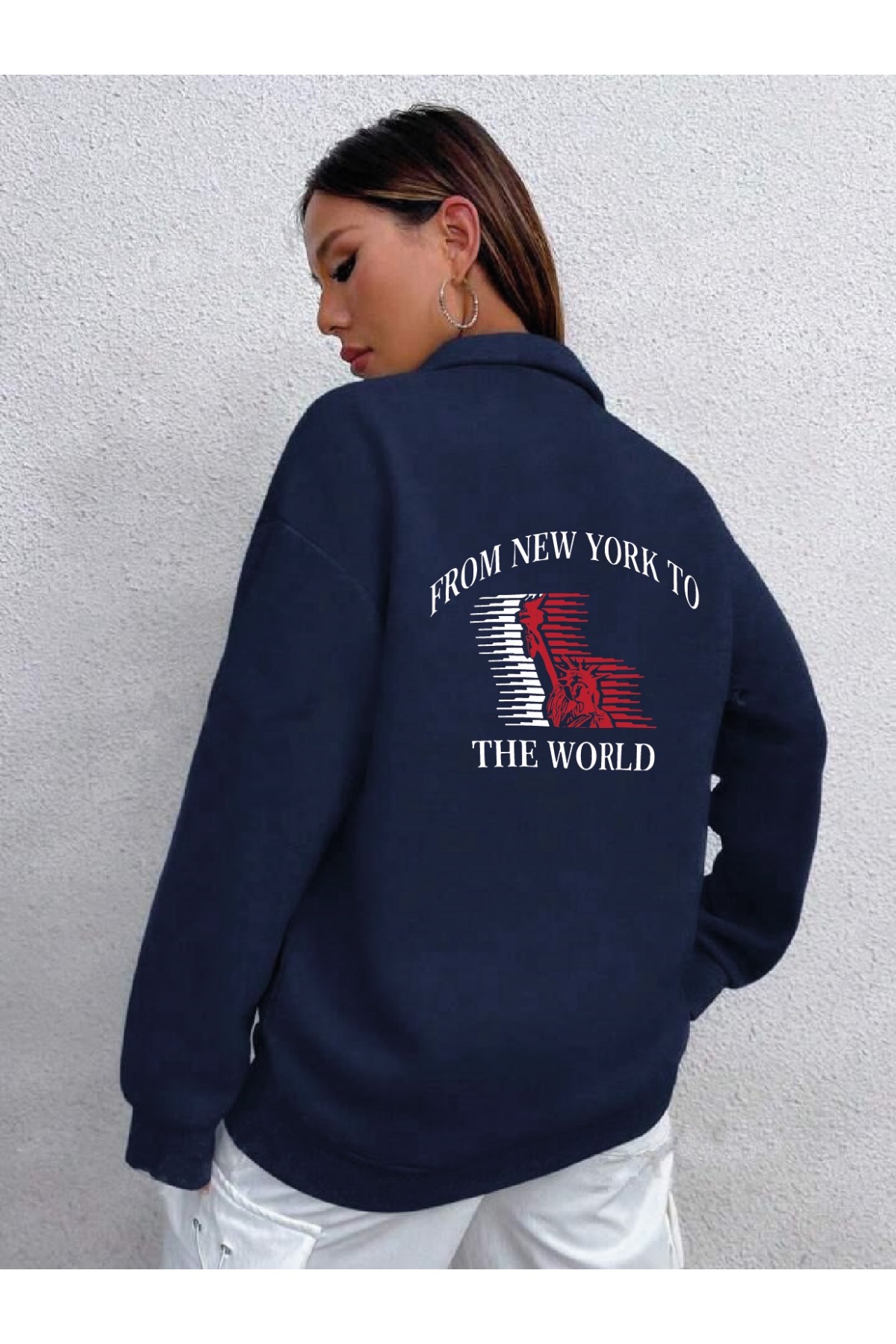 LOUİSA  Kadın Lacivert New York To The World Baskılı Dik Yaka Boydan Fermuarlı Hırka - Görsel 2