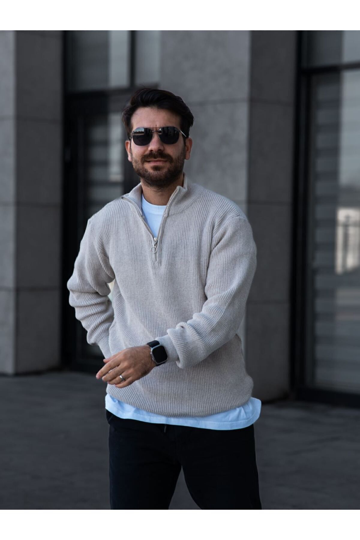 Unisex Yarım Fermuarlı Triko Kazak — خاکستری OTK-SLNK-KZK — تصویر 4 از 6