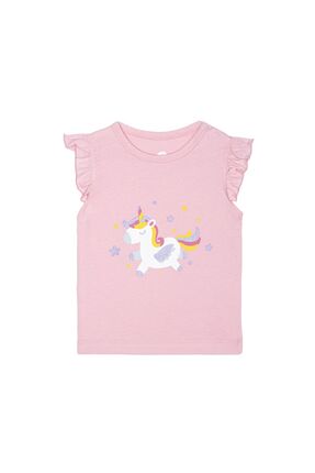 molica baby Kız Çocuk Baskılı Pamuklu Fırfır Kollu Tişört Unicorn