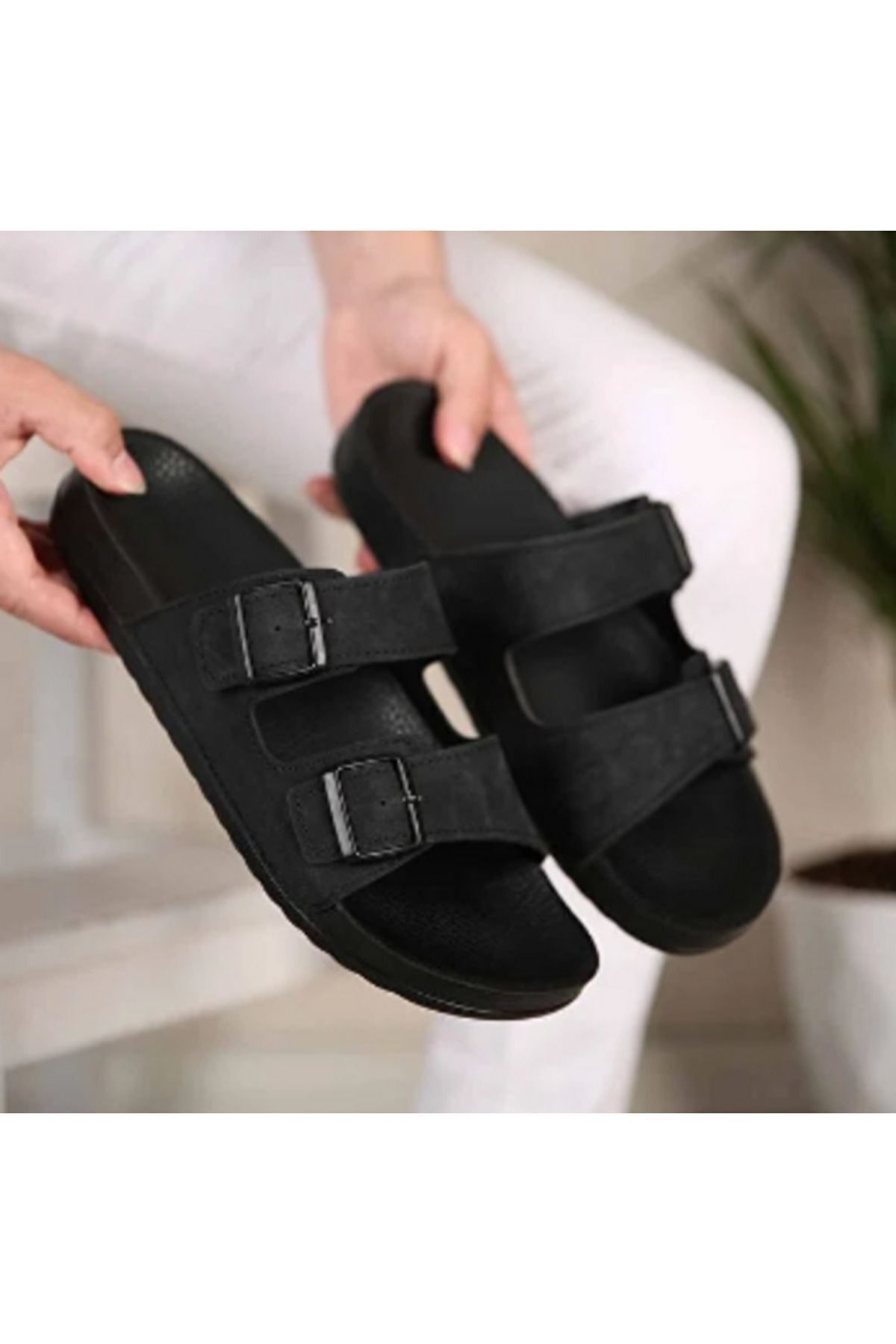 ElisPoly-Men's Black Slippers - 2 Buckle Belt 5