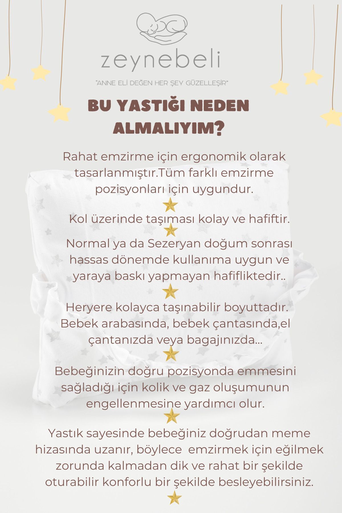 Zeynebeli Bebek Emzirme Yastığı,Baş Destek Yastığı,%100 Pamuk,Gri Yıldızlı fotoğrafı 3 (önizleme)
