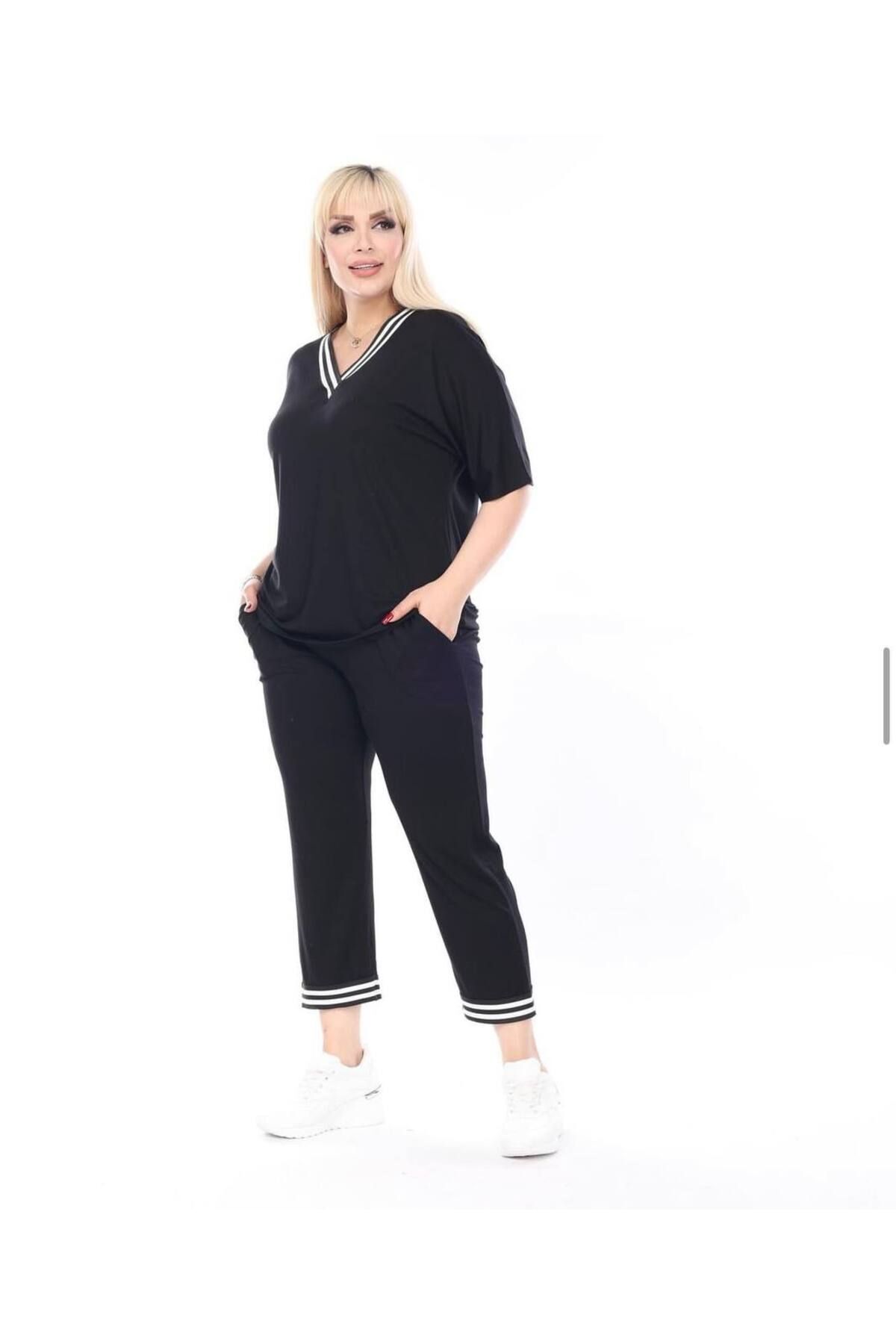 garajmood Siyah V Yaka Şerit Detaylı Tayt-Bluz Büyük Beden Takım