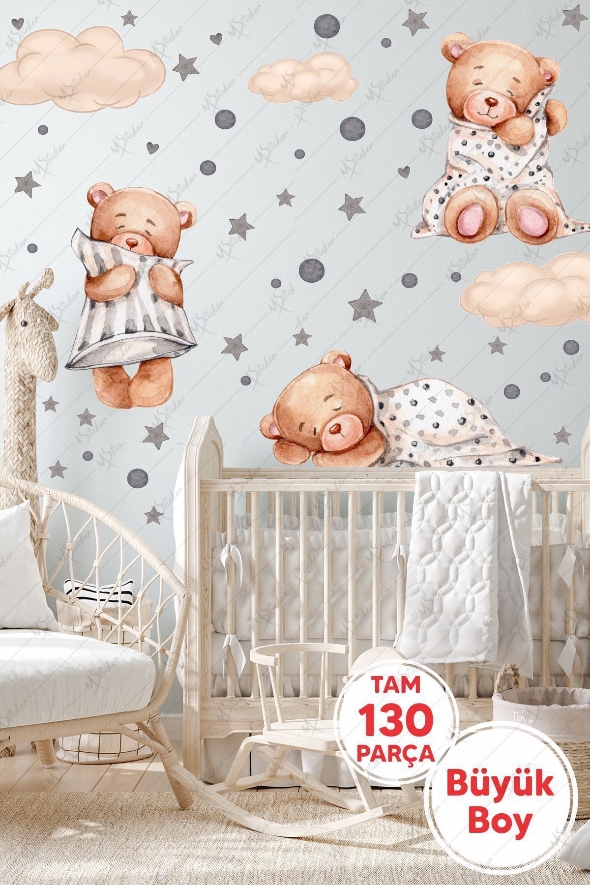 MSticker-Set of 3 Sleeping Teddy Bears Clouds and Stars Children's Baby Room Sticker 2