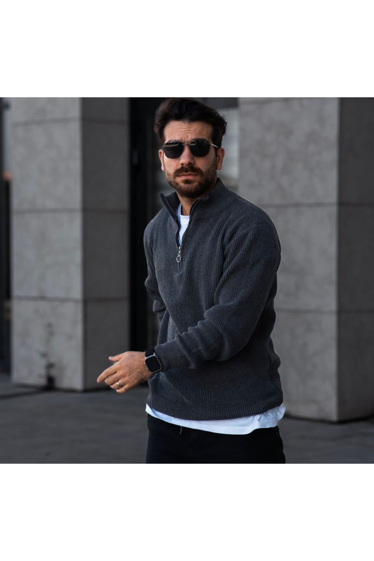 pull over à col montant et demi fermeture éclair anthracite pour hommes