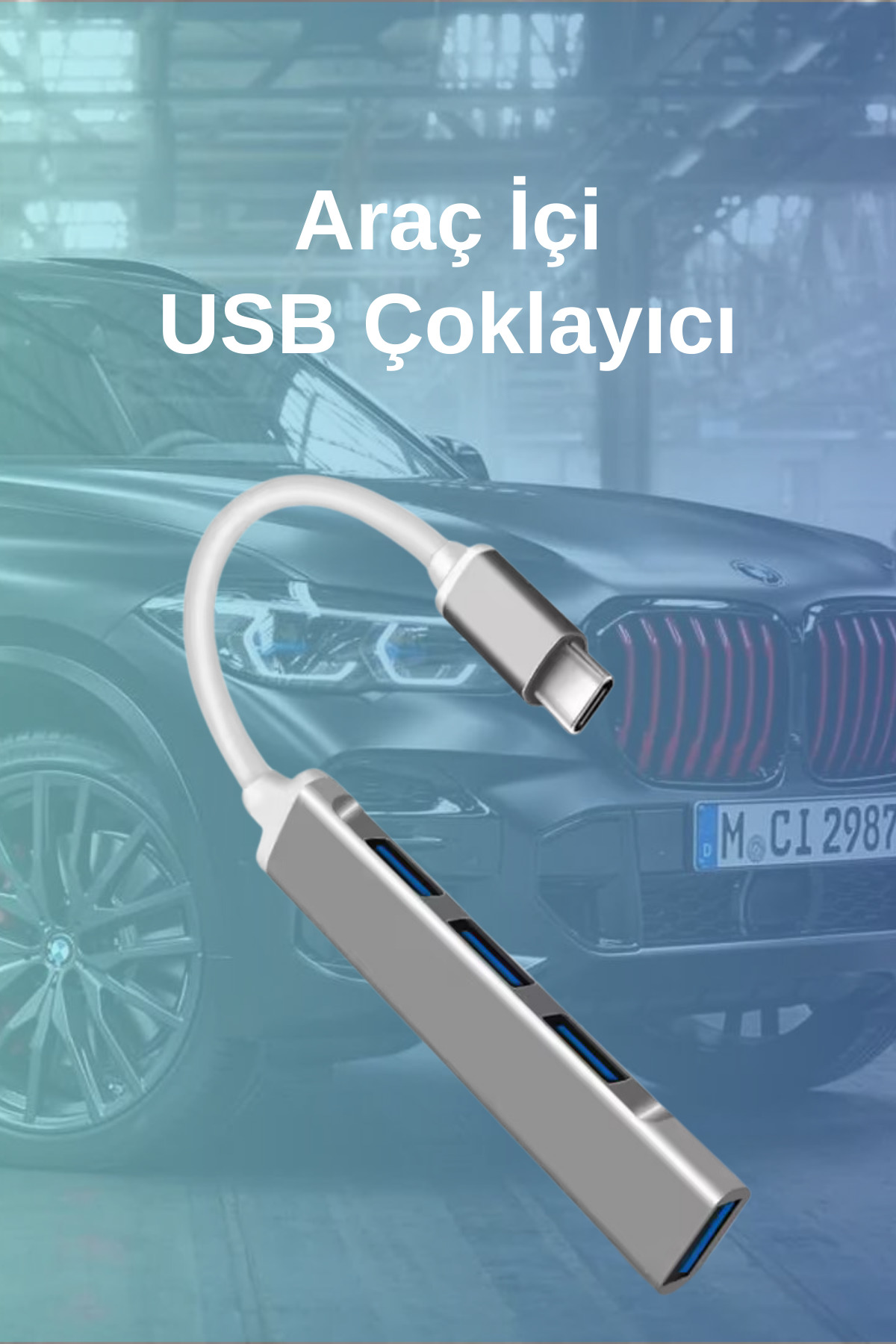 W12 Araç İçi USB Type-C Çoklayıcı Çelik Gövdeli USB 3.0 ve USB 2.0