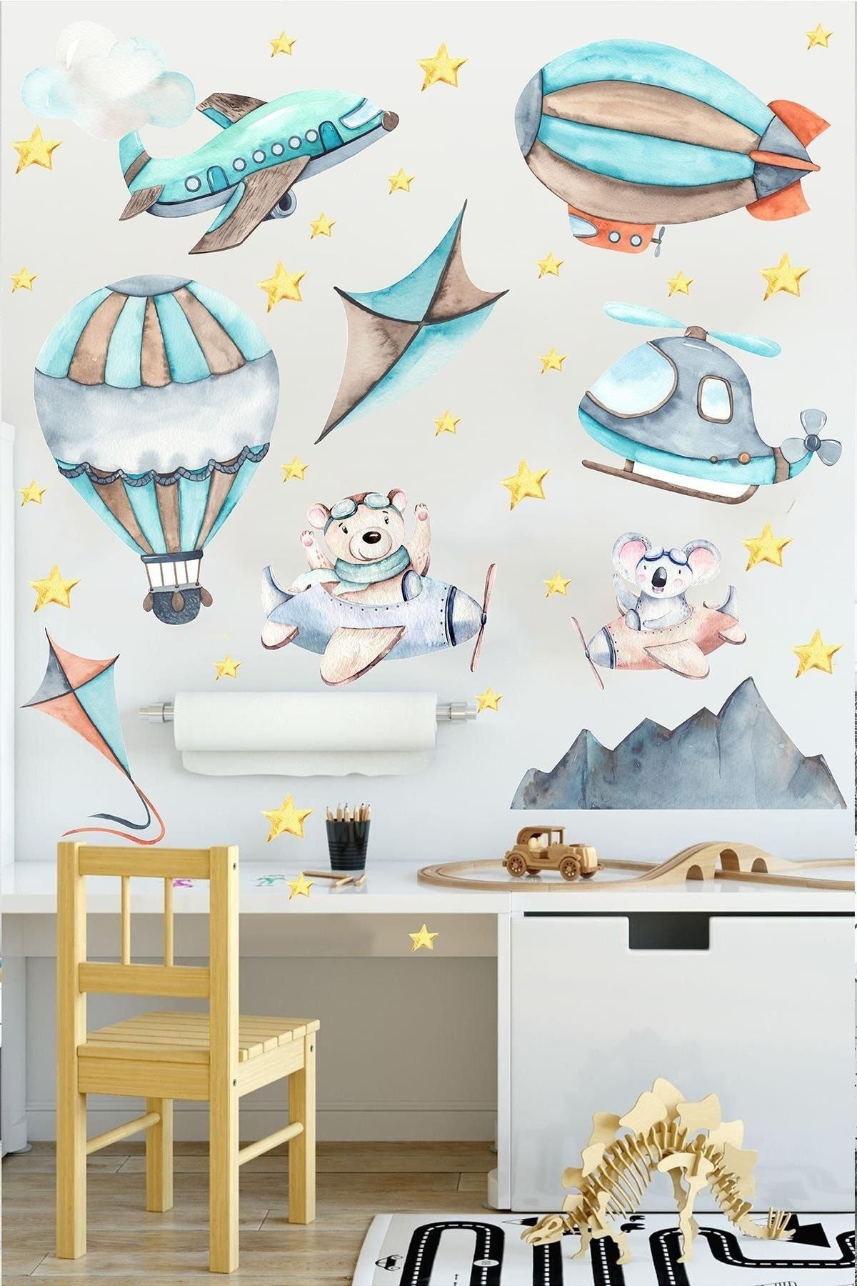 Cute Animals On Airplane Balloons And Airplane Wall Glass Cabinet Sticker Set In Blue Shades