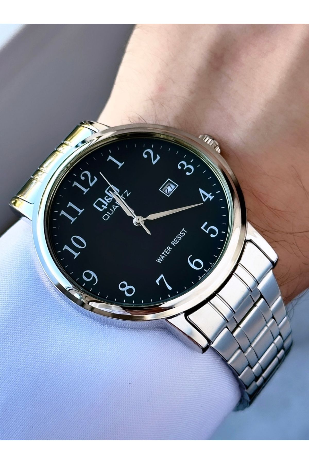 Q&Q-Men's Thin Elegant Bezel Date Dial Metal Cord Analog Watch 1