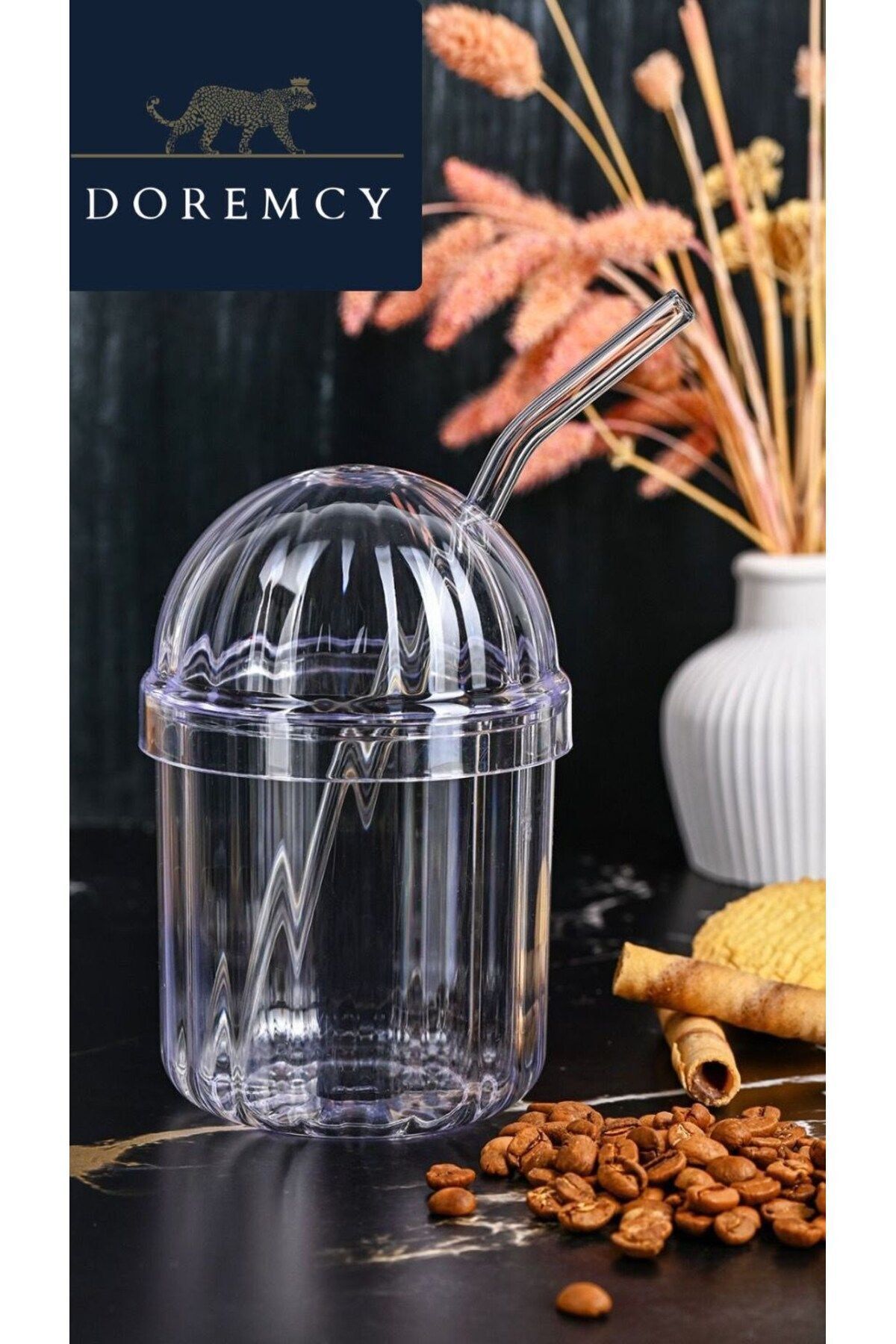 CRYSTAL GLASS WITH 6 GLASS STRAWS 400ML COLD COFFEE LEMONADE,SOFT DRINK GLASS and MAGNOLİA MUSCLE