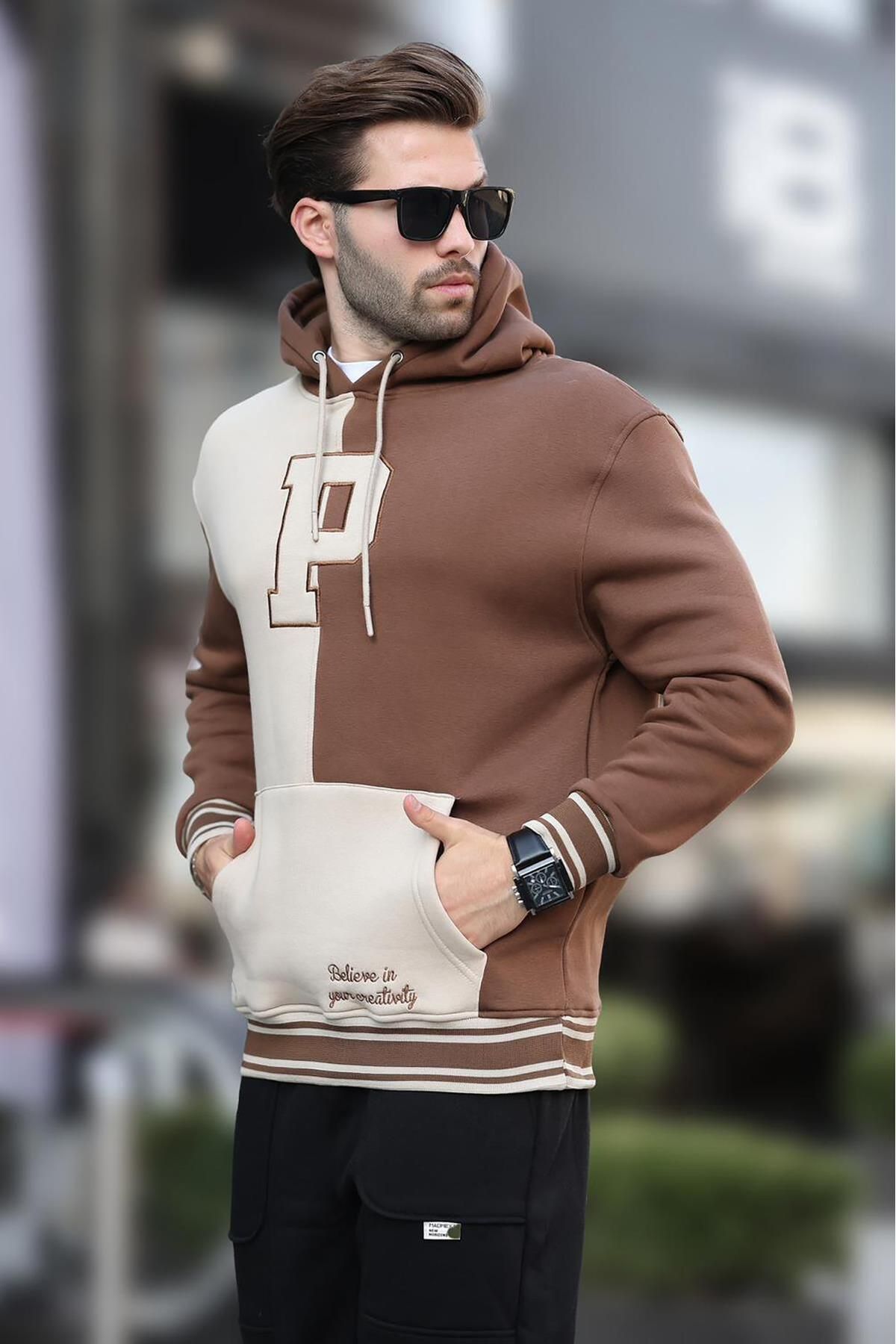 سویشرت مردانه کلاهدار بلوک قهوه ای 7078 Madmext
