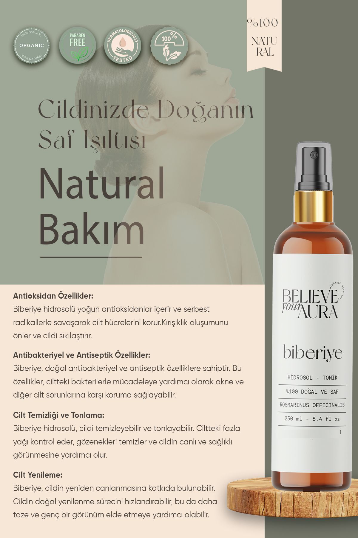 تونیک مراقبت از پوست و مو آب رزماری 100% خالص و طبیعی تونیک متعادل کننده احیا کننده - 250 میلی لیتر Believe Your Aura