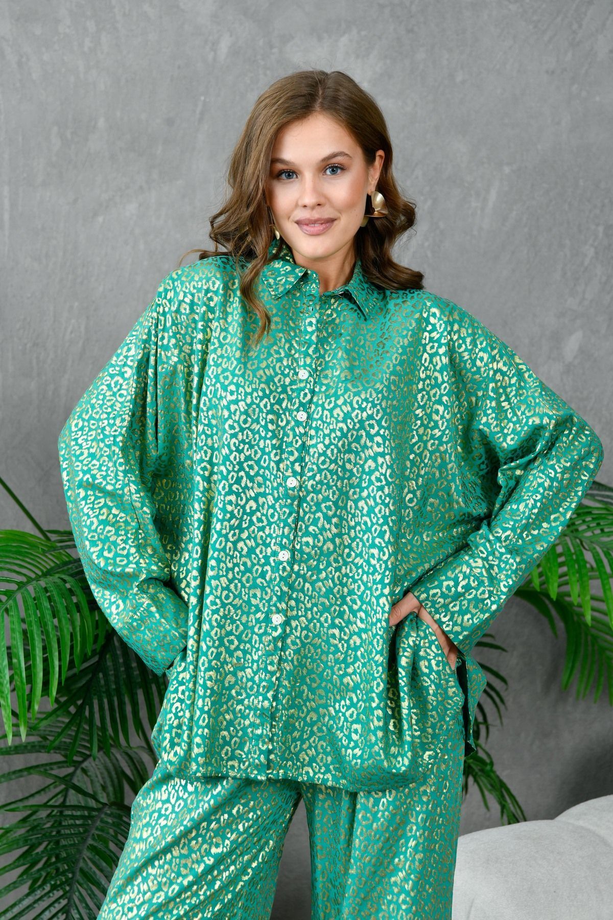 lovebox-Relaxed Cut Coral Patterned Women's Two Pieces Set - Viscose Shirt and Trousers 306 1