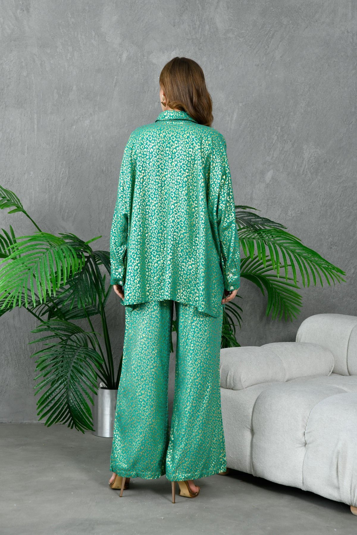 lovebox-Relaxed Cut Coral Patterned Women's Two Pieces Set - Viscose Shirt and Trousers 306 4