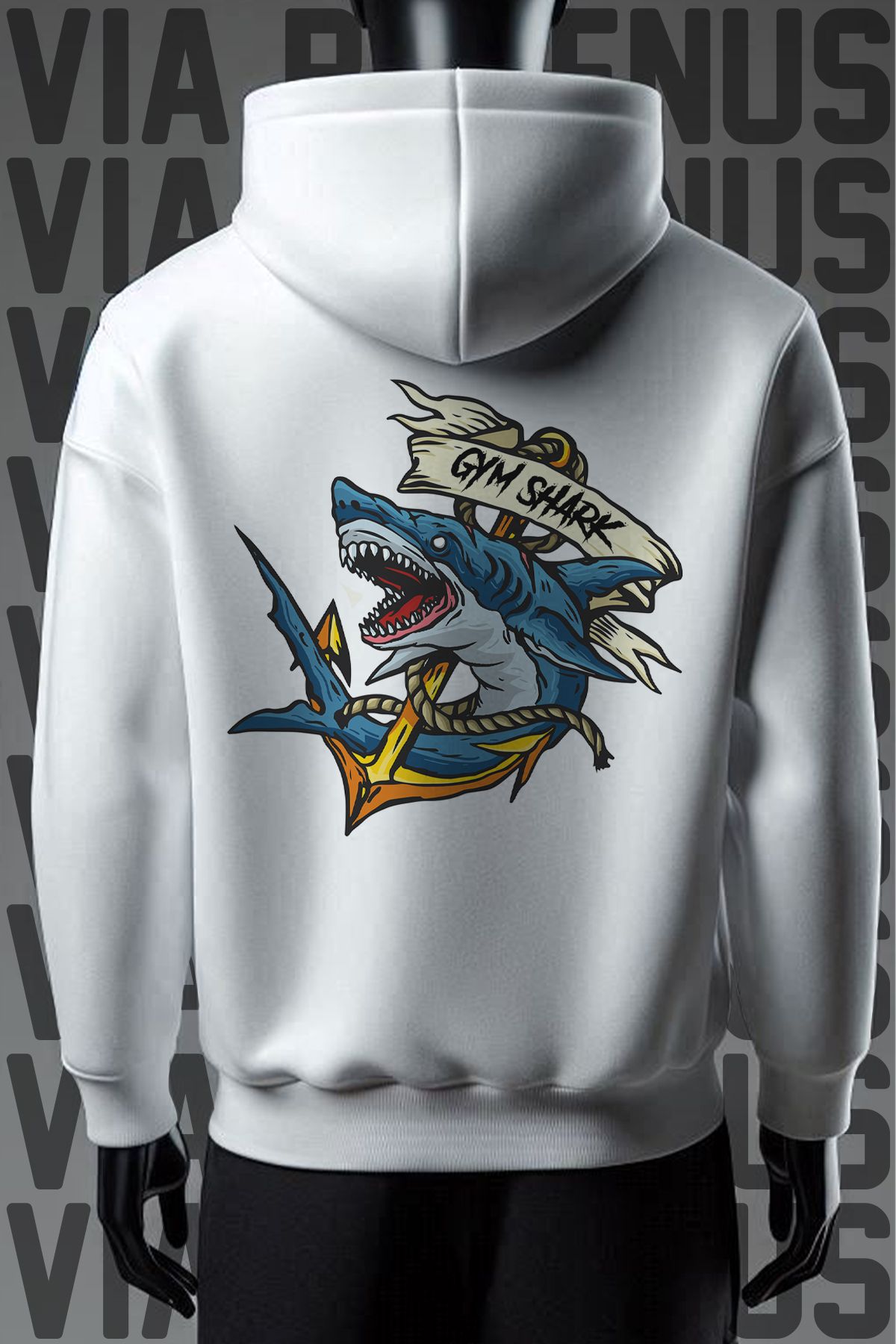 Vordevia Hanorac Alb Cu Glugă Gym Shark Cu 3 Fire - Imprimat Față Și Spate Unisex - S