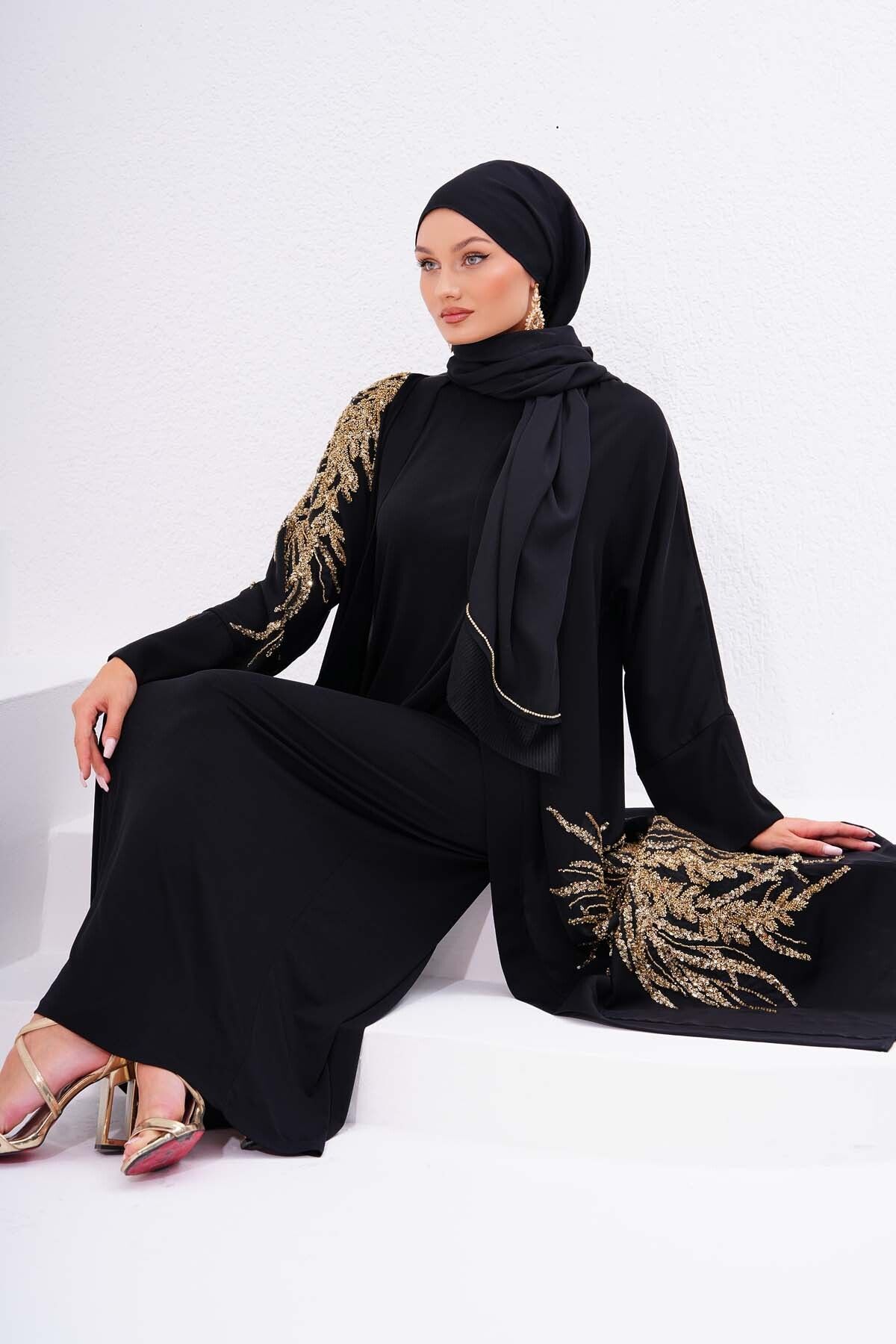 LÜKS ABAYA STAR GOLD ŞIK ABAYA KREP ŞİFON KALİTELİ KUMAŞ EL İŞLEMELİ ÖZEL DİKİM