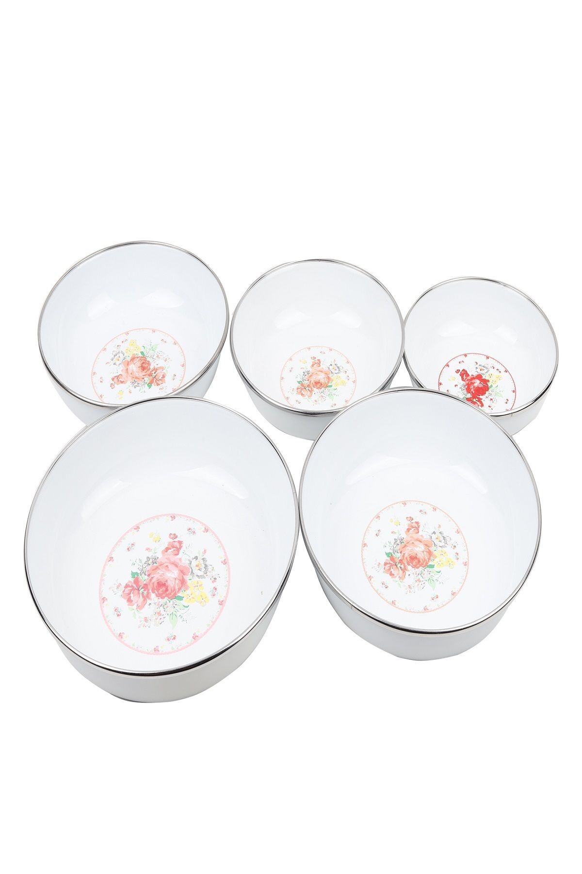 Emaye Zırhlı Çemberli 5 Parça Yemek Tabak Seti Kahvaltı Salata Meyve Cips Tabağı