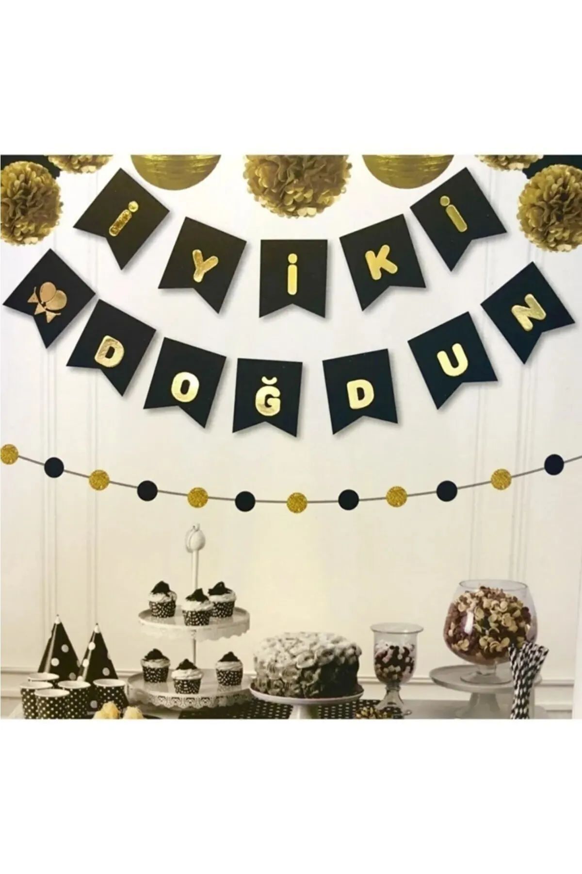 SURPRISE PARTY STORE Siyah Üstüne Gold Altın Sarı Yaldızlı İyiki Doğdun Banner Yazı Doğumgünü