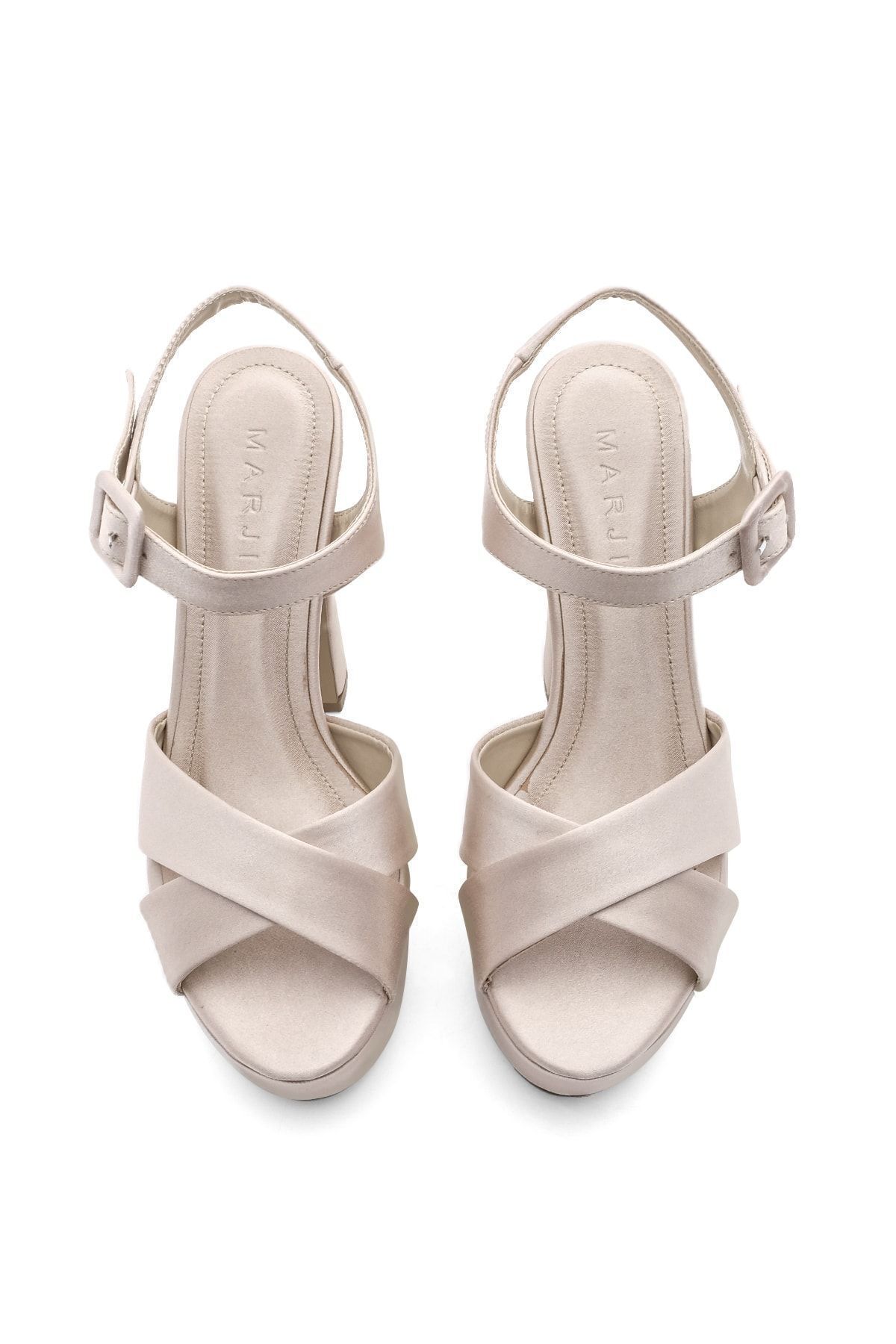 Marjin-Damen Plateauschuhe mit Absatz Abendschuhe Hochzeitsschuhe Barve Beige Satin 6