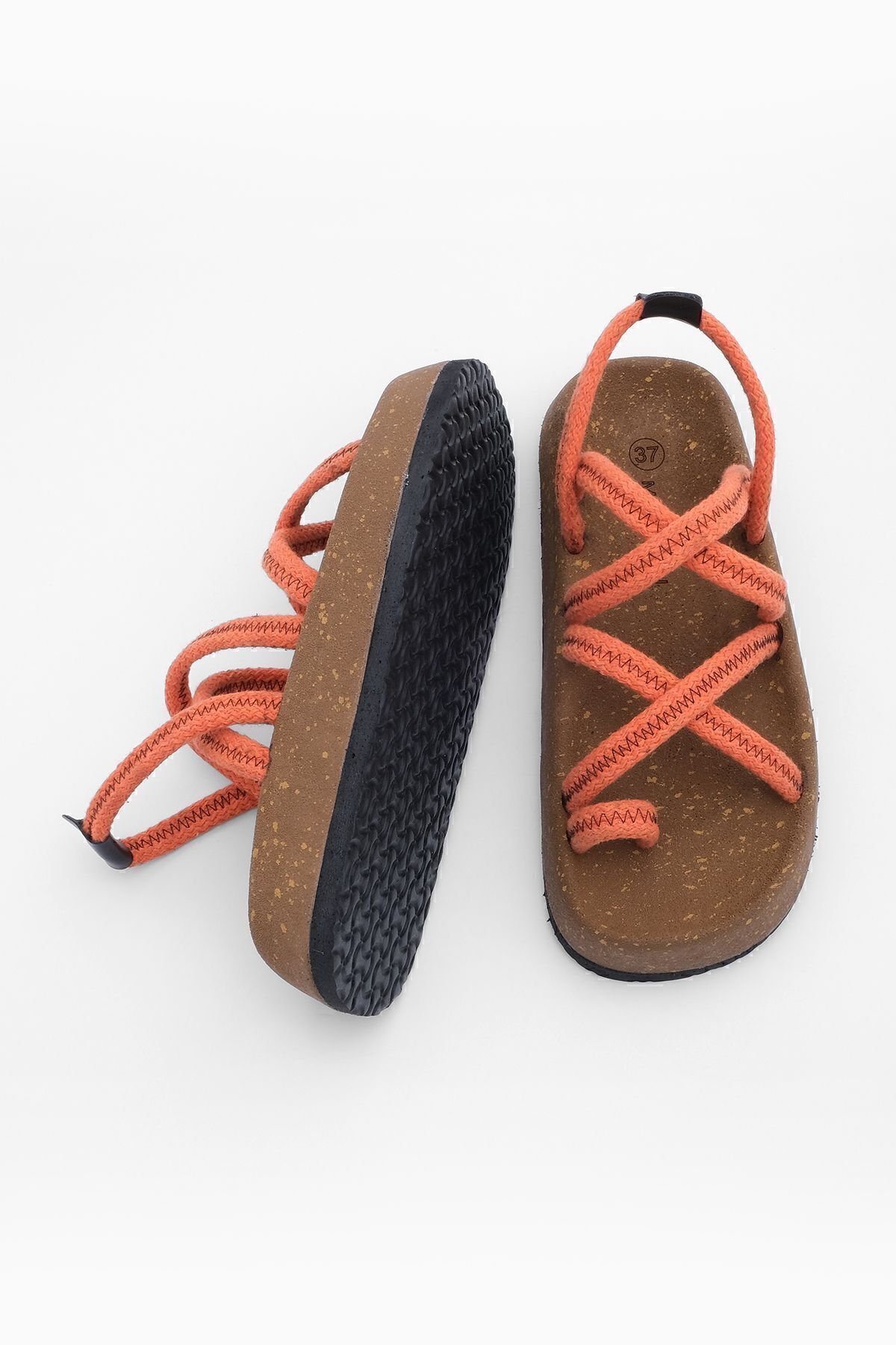 صندل نارنجی زنانه طناب پنبه ای کف قارچ الگوی فلیپ tack cross band daily sandals Marjin