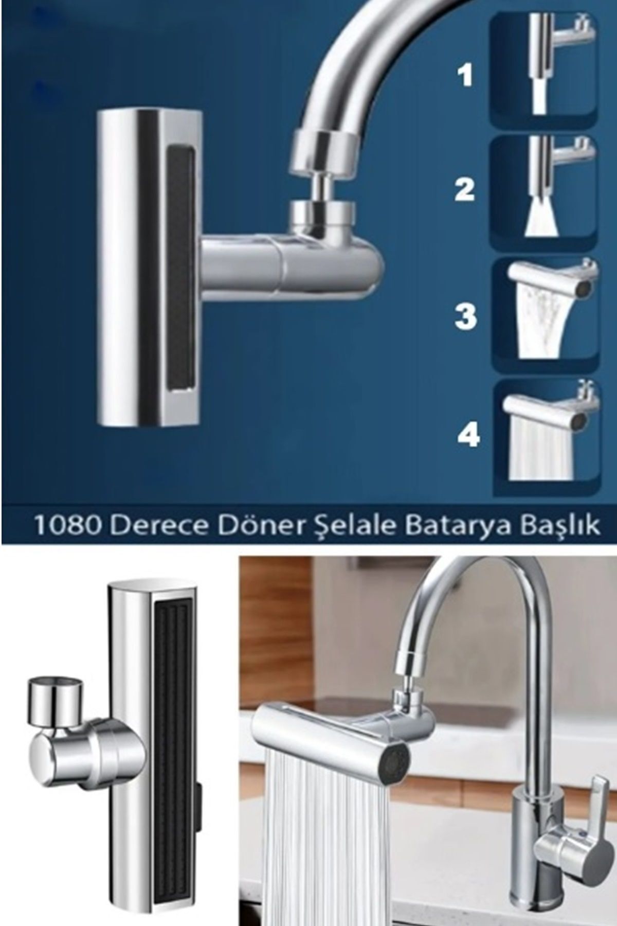 Kitchen Beauty Krom Tasarruflu 4 Modlu Şelale Ayarlanabilir Musluk Başlığı Mutfak Eviye Bataryası Lavabo Bataryası