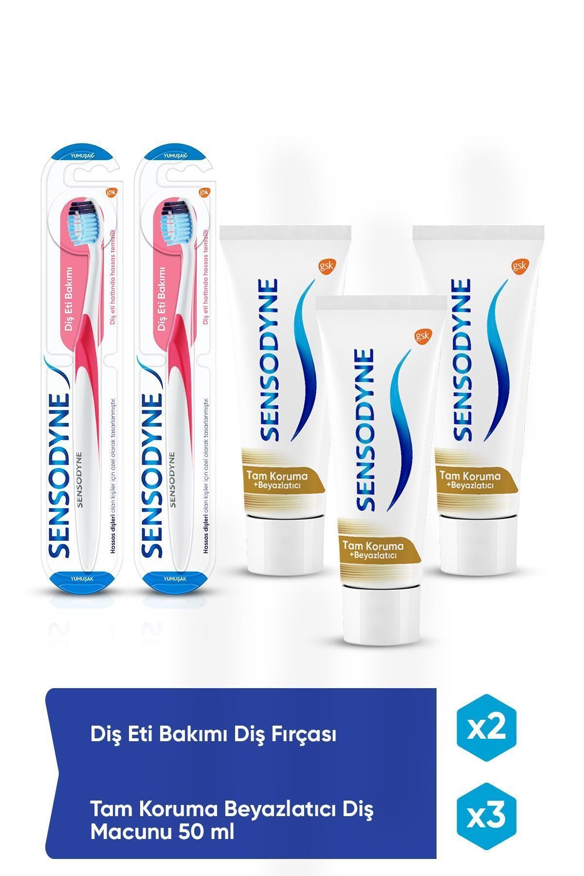 Sensodyne Tam Koruma Beyazlatıcı Diş Macunu 50ml X3 Diş Eti Bakımı Fırça Yumuşak X2