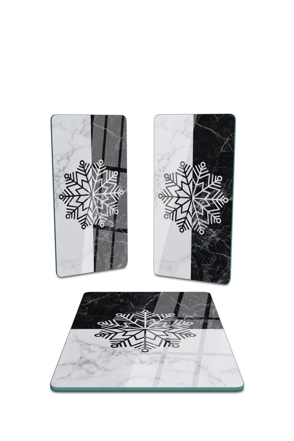 Decovetro-Rectangular Set of 3 - Glass Presentation Serving Plate, Black and White Marble Snowflake Pattern 2