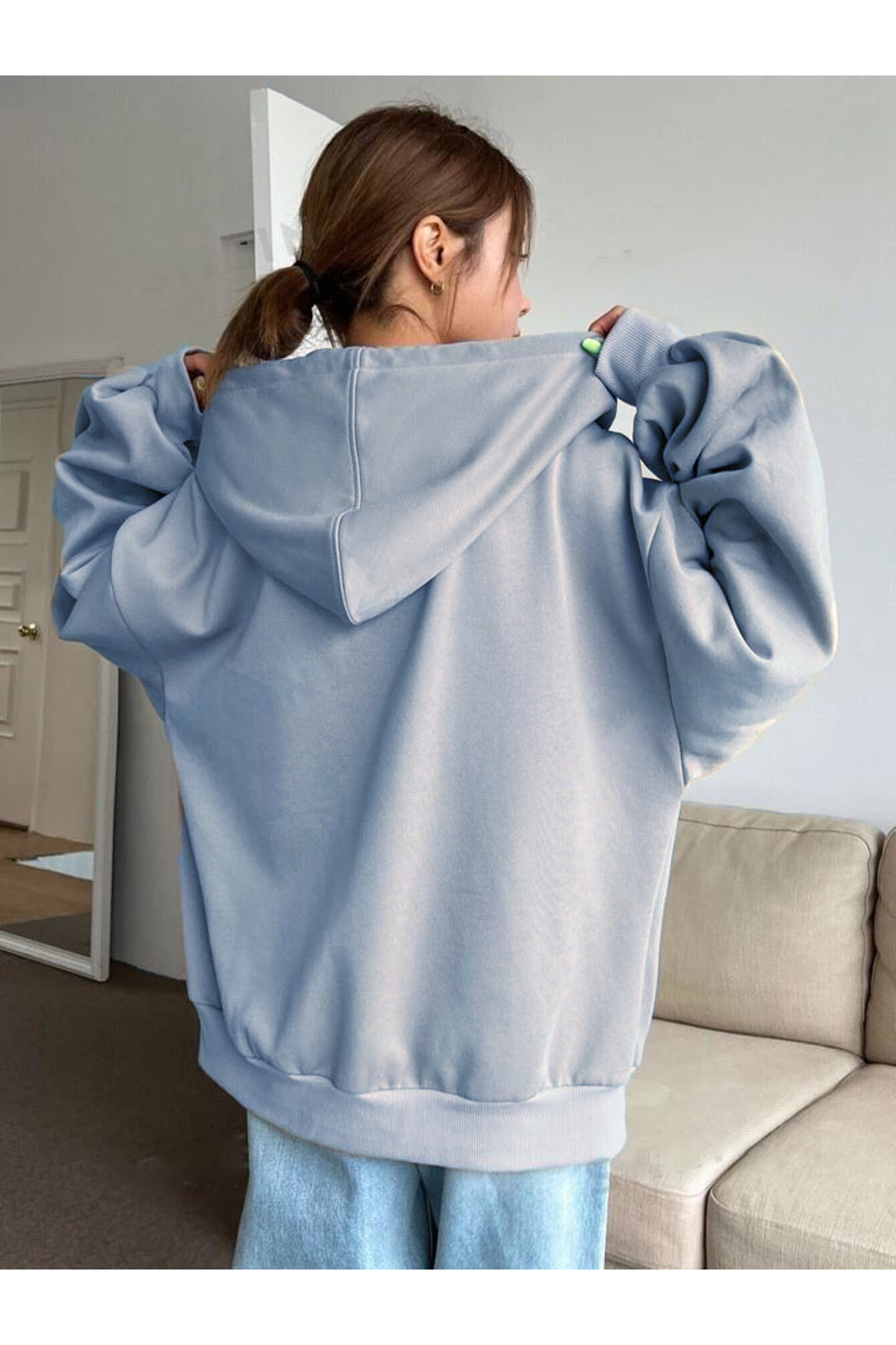FAVORİST Balon Kol Süper Kalite Pamuklu Unisex Düz Renk Kapüşonlu Oversize Hırka görsel 2