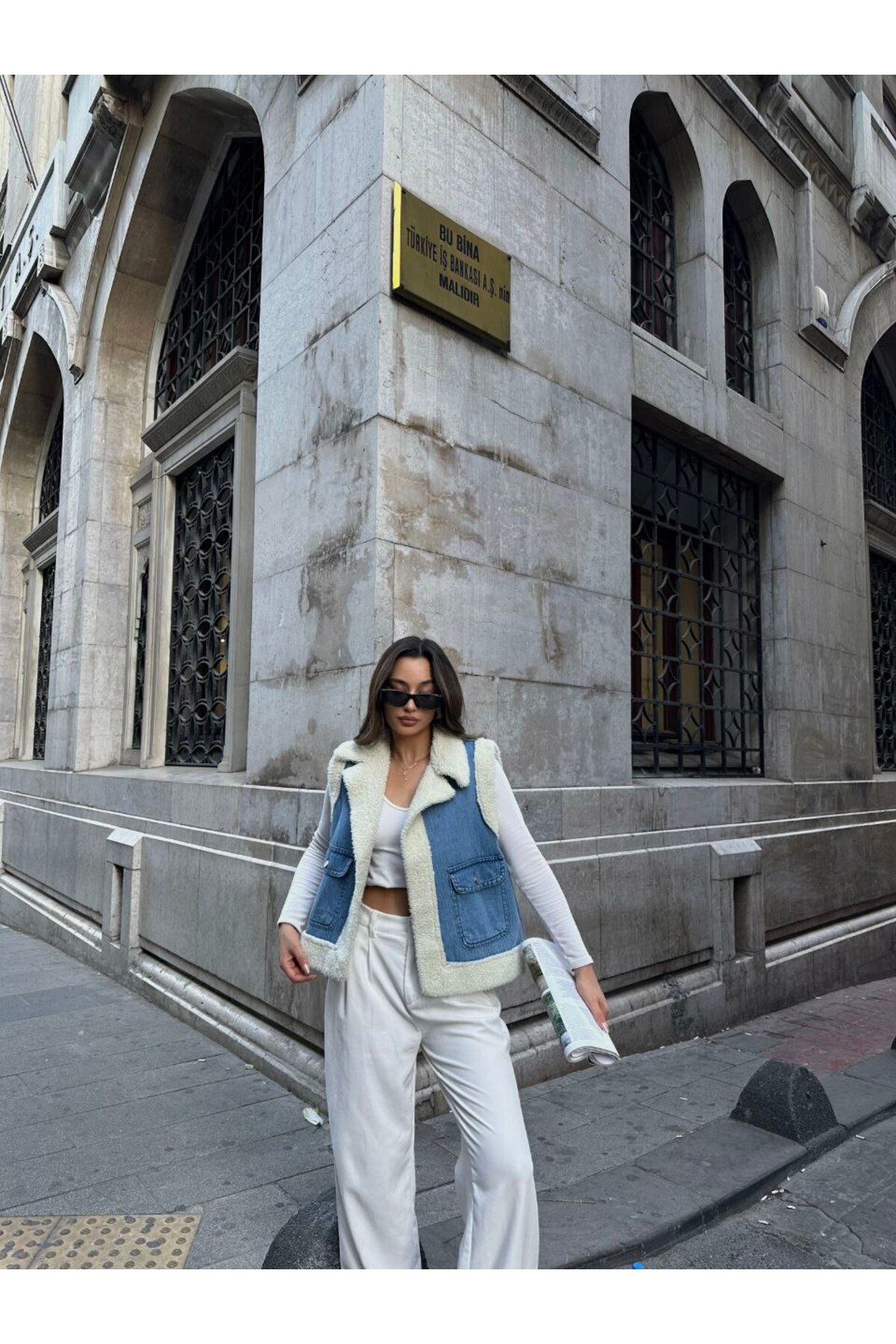 Mavi İçi Teddy Kürklü Cepli Denim Yelek