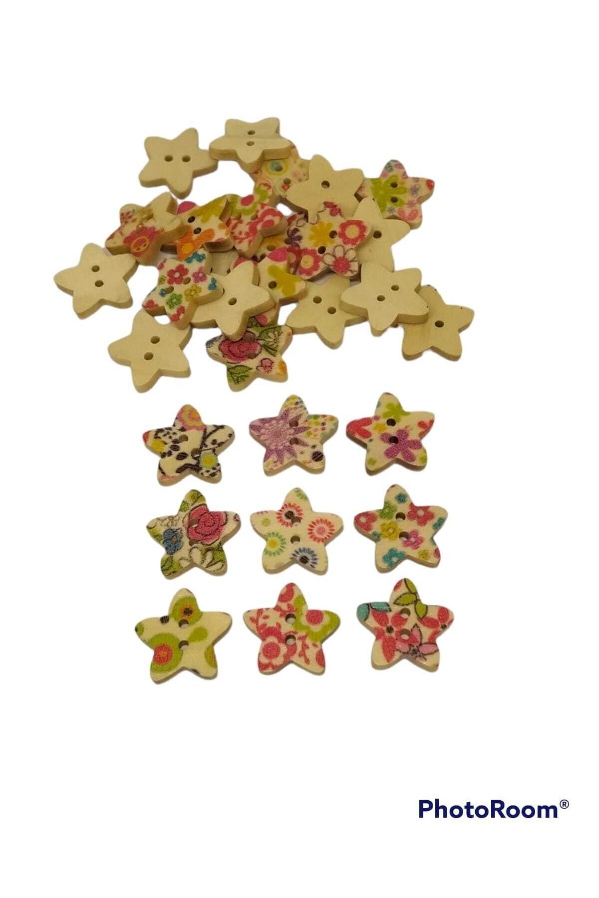 Zedhobi 20 Adet 17 Mm Ahşap Çiçek Desenli Yıldız Düğme
