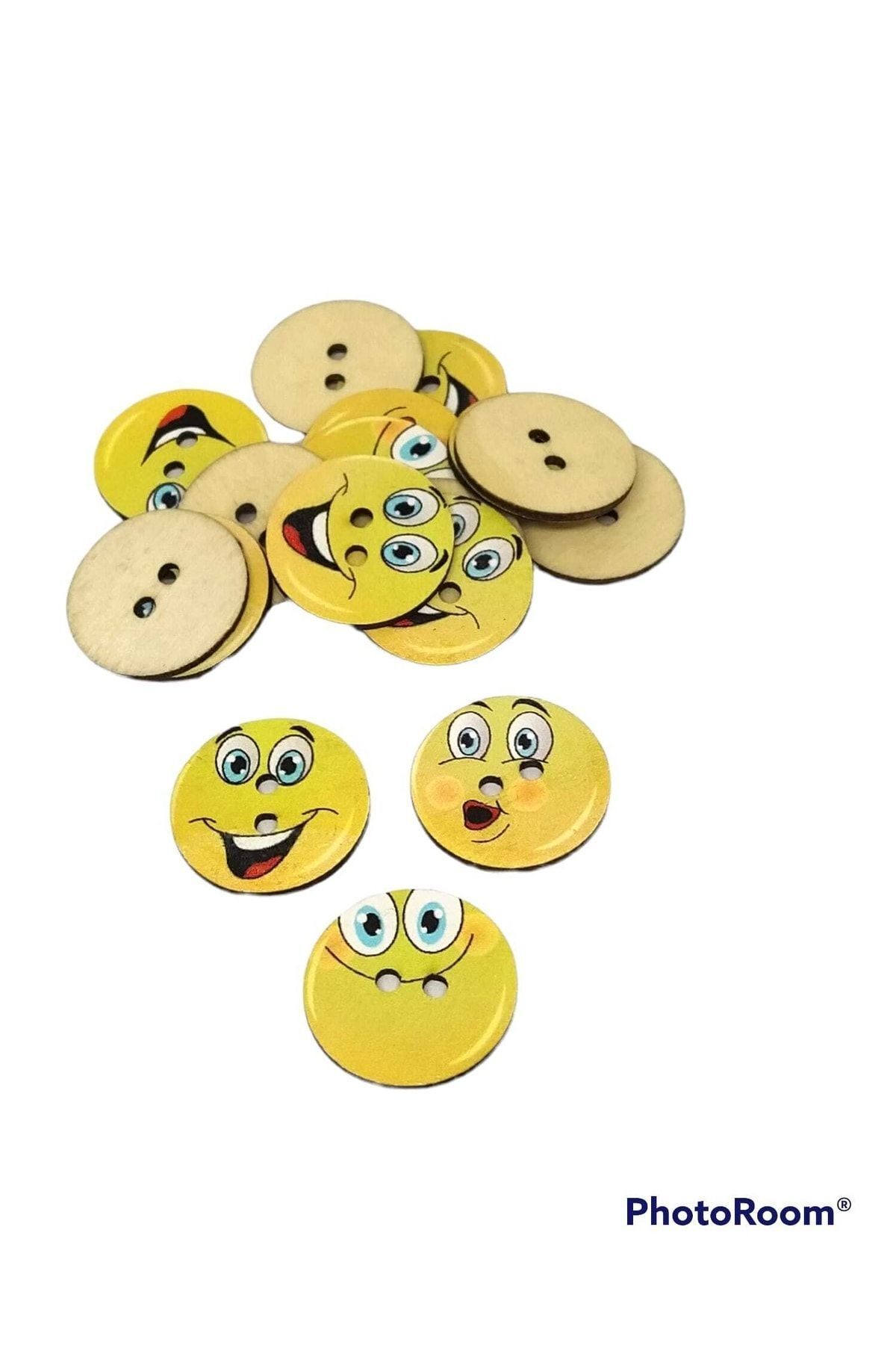 20 Pcs 25 Mm Round Wooden Smiley Emoji Patterned Buttons