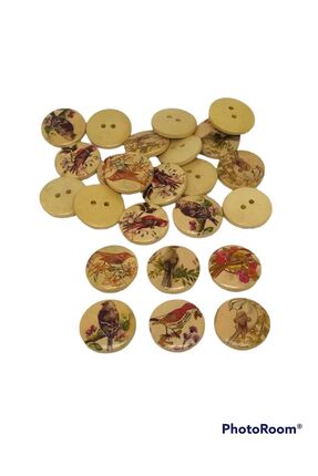Zedhobi 20 Adet 20 Mm Yuvarlak Ahşap Kuş Desenli Figürlü Düğme