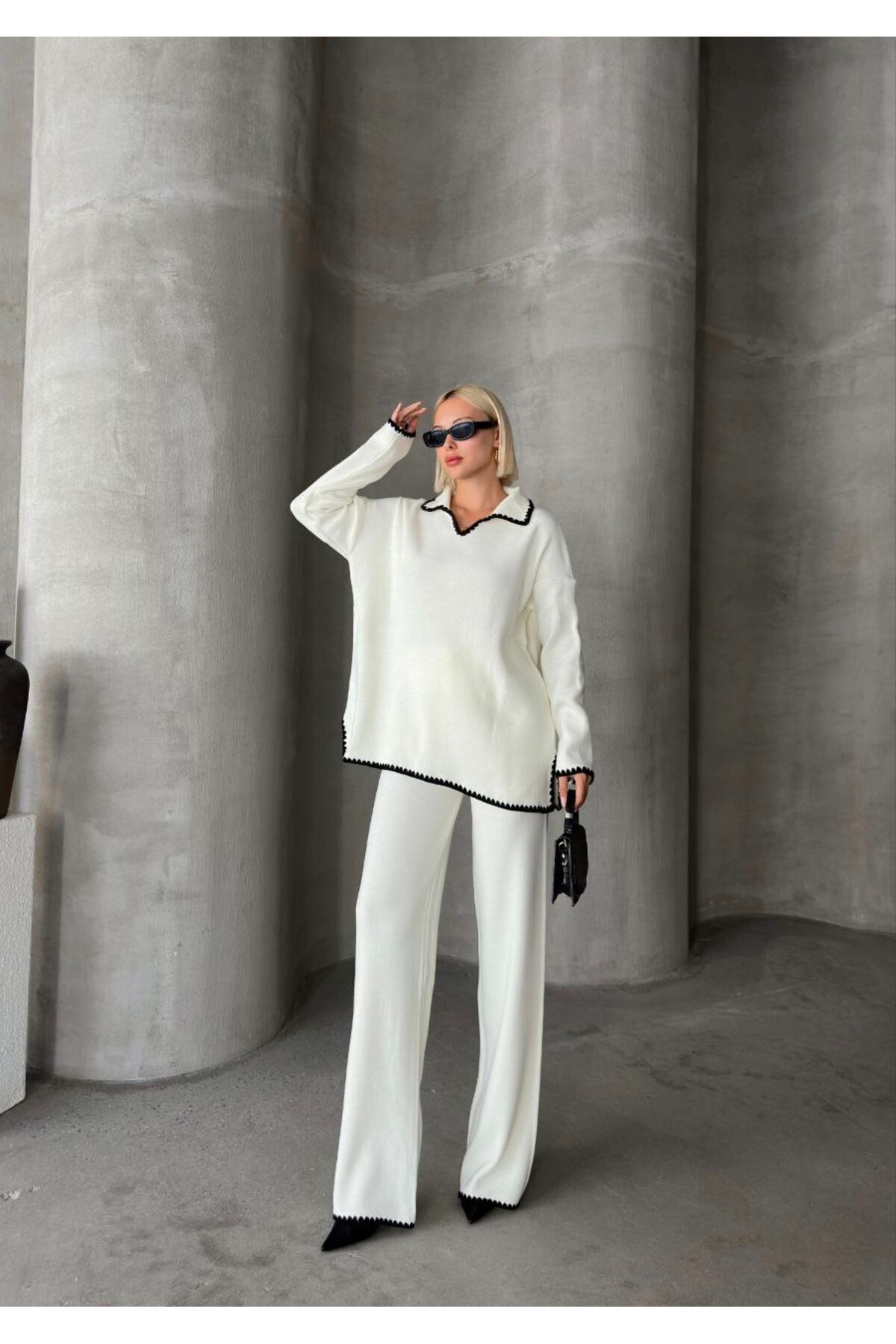 Women's Knit Trousers Set White Oversize Fit - Görsel 4