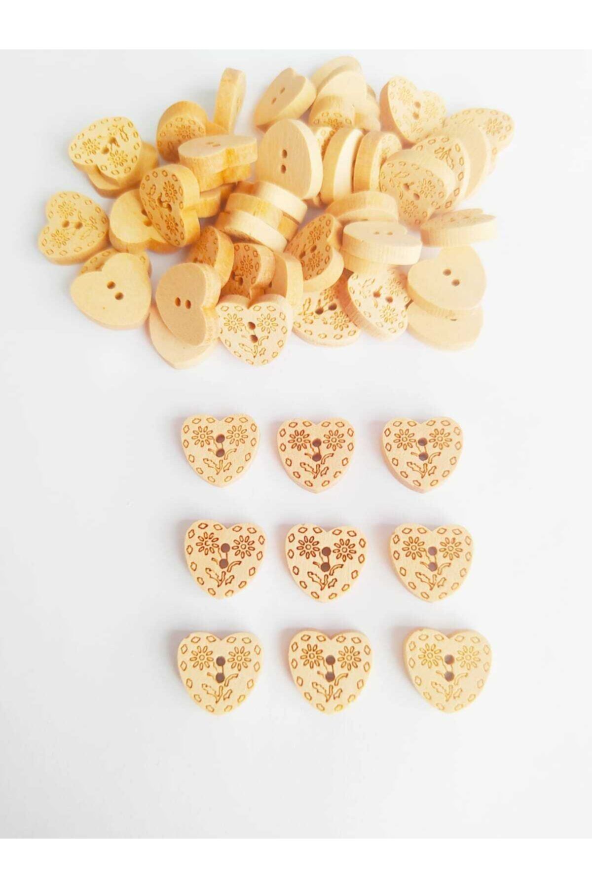 20 Pcs Wooden Flower Patterned Heart Button 13 Mm