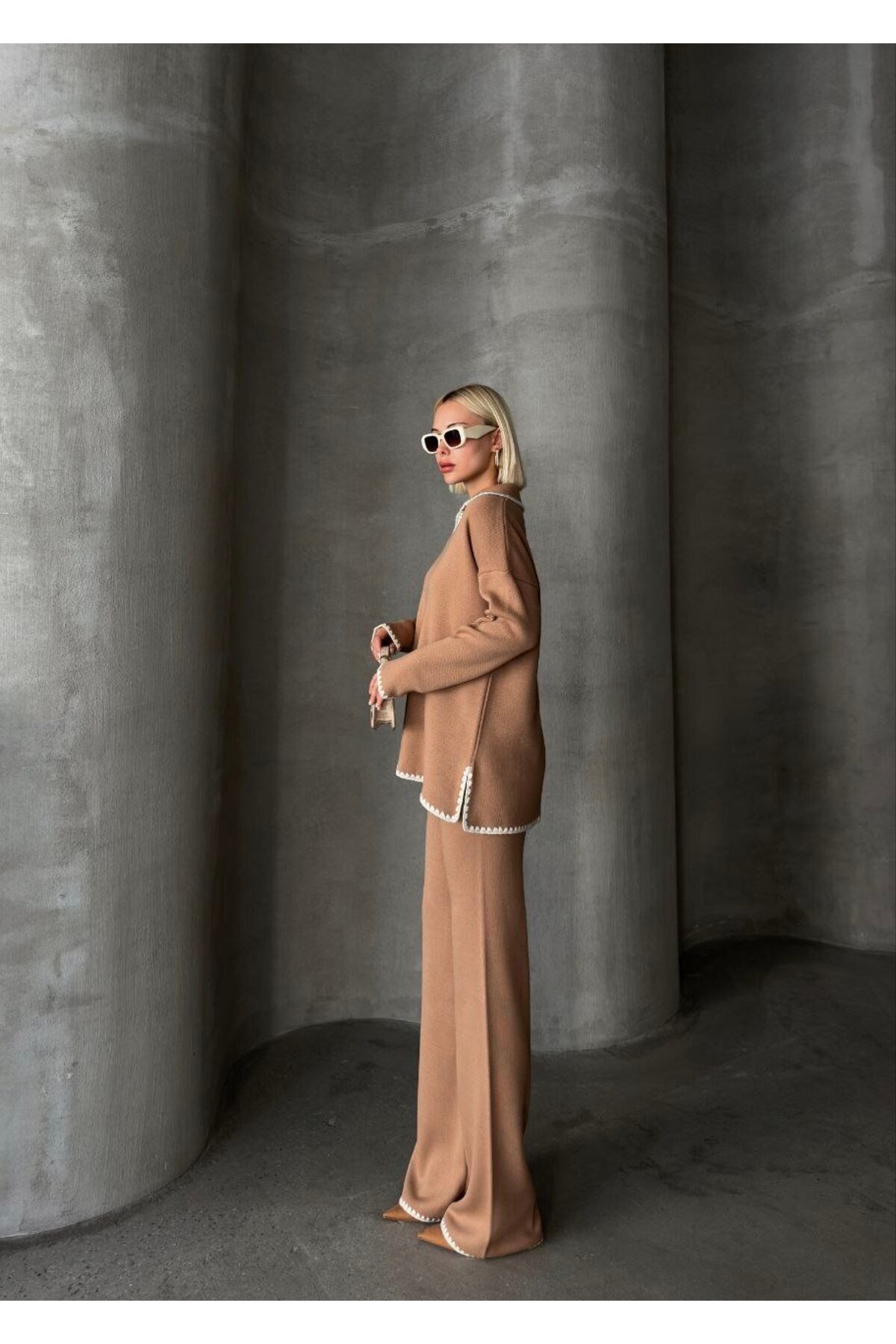 Kadın Triko Pantolon Takım Camel Oversize Kesim