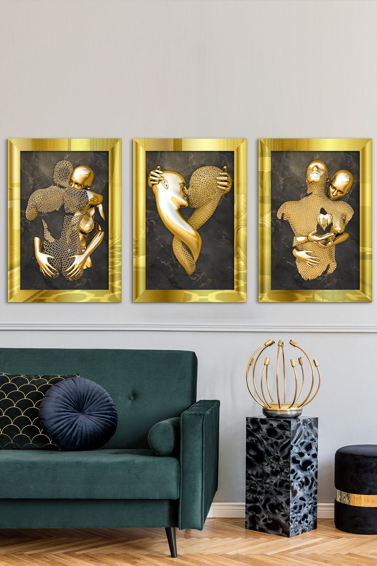 Evinemoda Sculptură Artistică Cu Tematică Dragoste, Pictură Înrămată Cu Oglindă Din Plexiglas Auriu, 3 Bucăți - 30 x 20