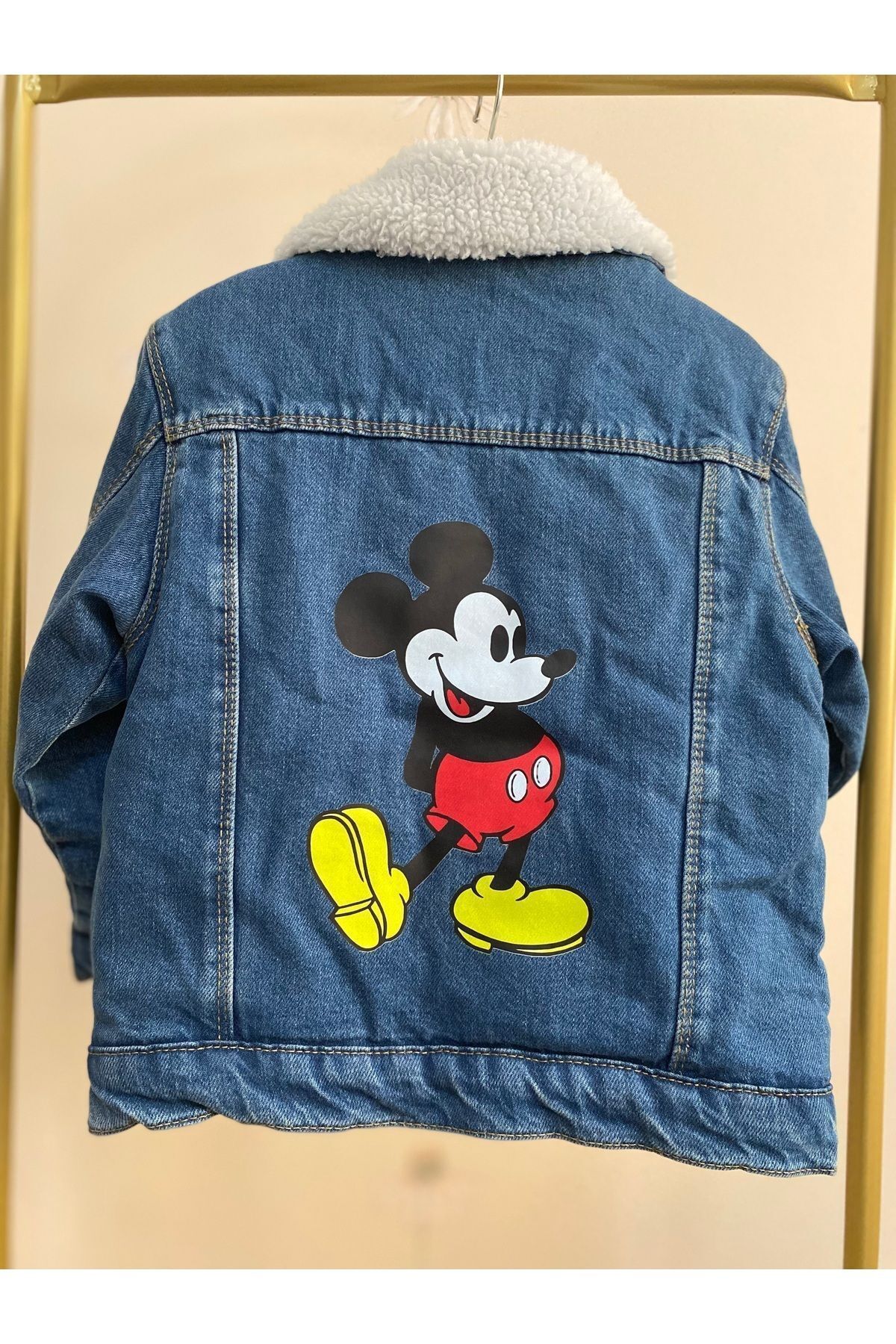 linys-White Woolen Denim Jacket with Mickey Mouse Print on the Back 3
