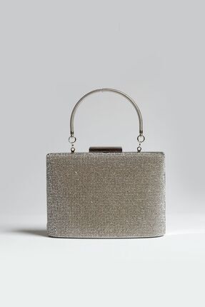 ROZA CANTA Kadın Gümüş Taşlı Abiye Clutch Gece Çantası