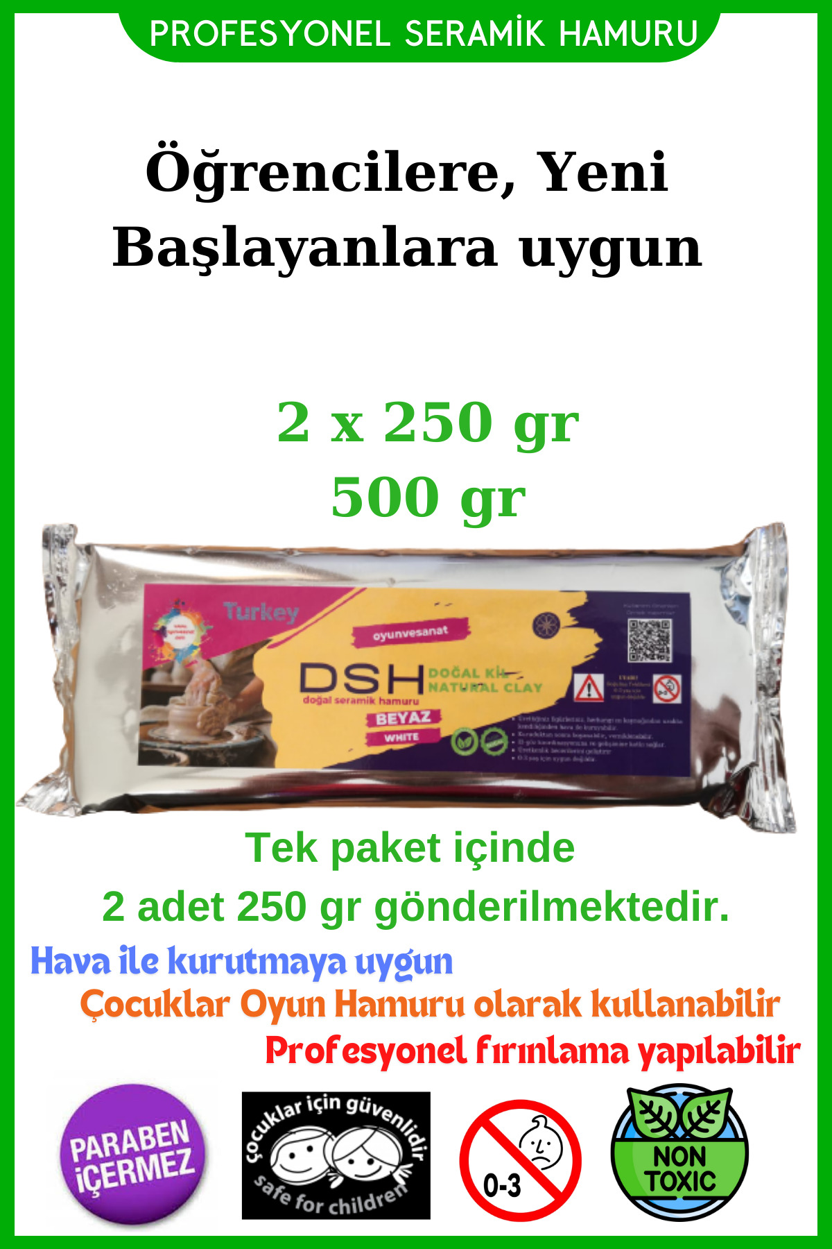 Doğal Seramik Hamuru 2x 250 gr (500 GR) Kil Çamuru, Okul Için Doğal Oyun Hamuru