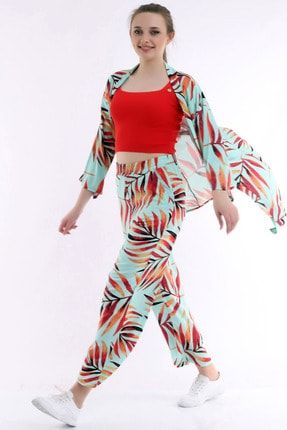 Kadın Mint-tropikal Desenli Uzun Alt-üst Takım Kimono Takımı DNZ6974TAKIMKMONO
