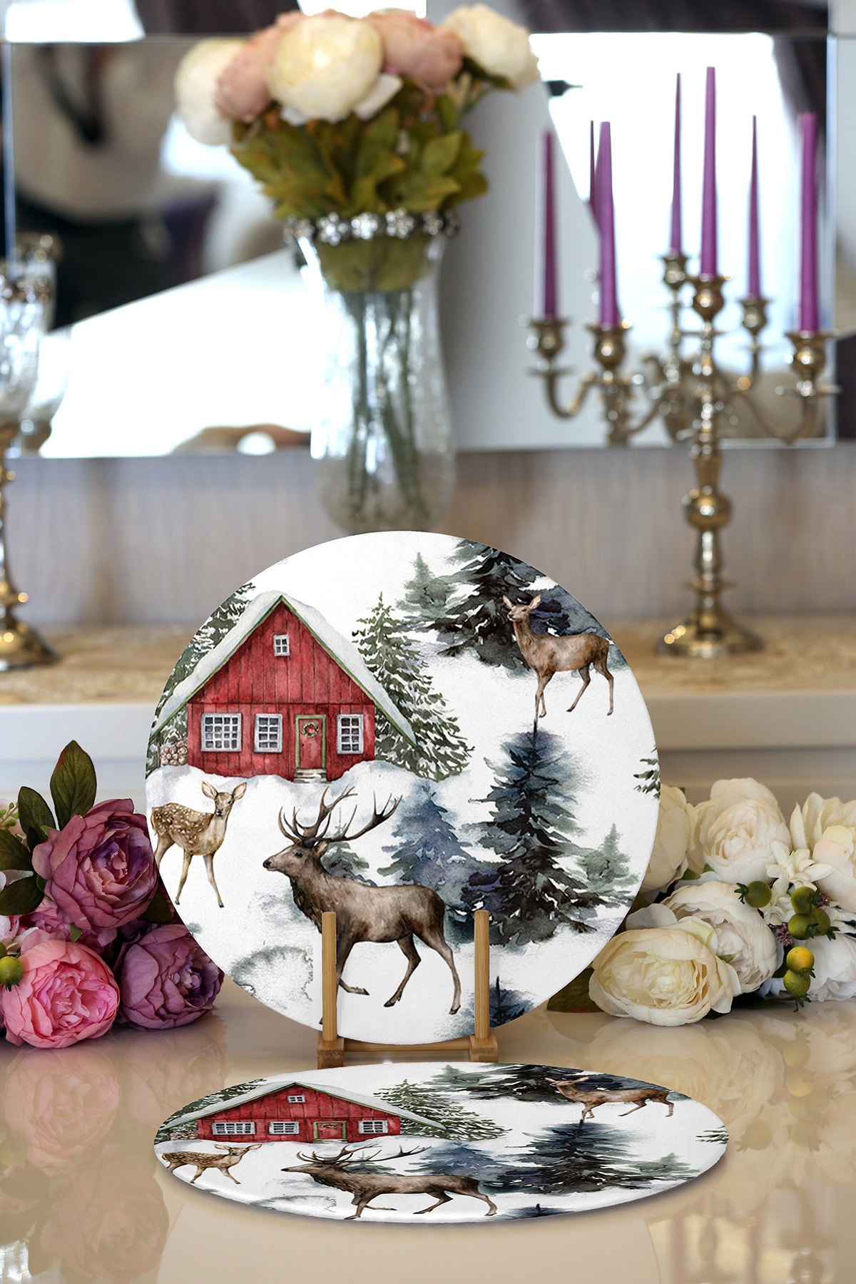 Realhomes 2'li Kar Zeminli Geyik & Çam Ağacı Tasarımlı Dijital Baskılı Dekoratif Yuv. Supla & Servis Altlığı